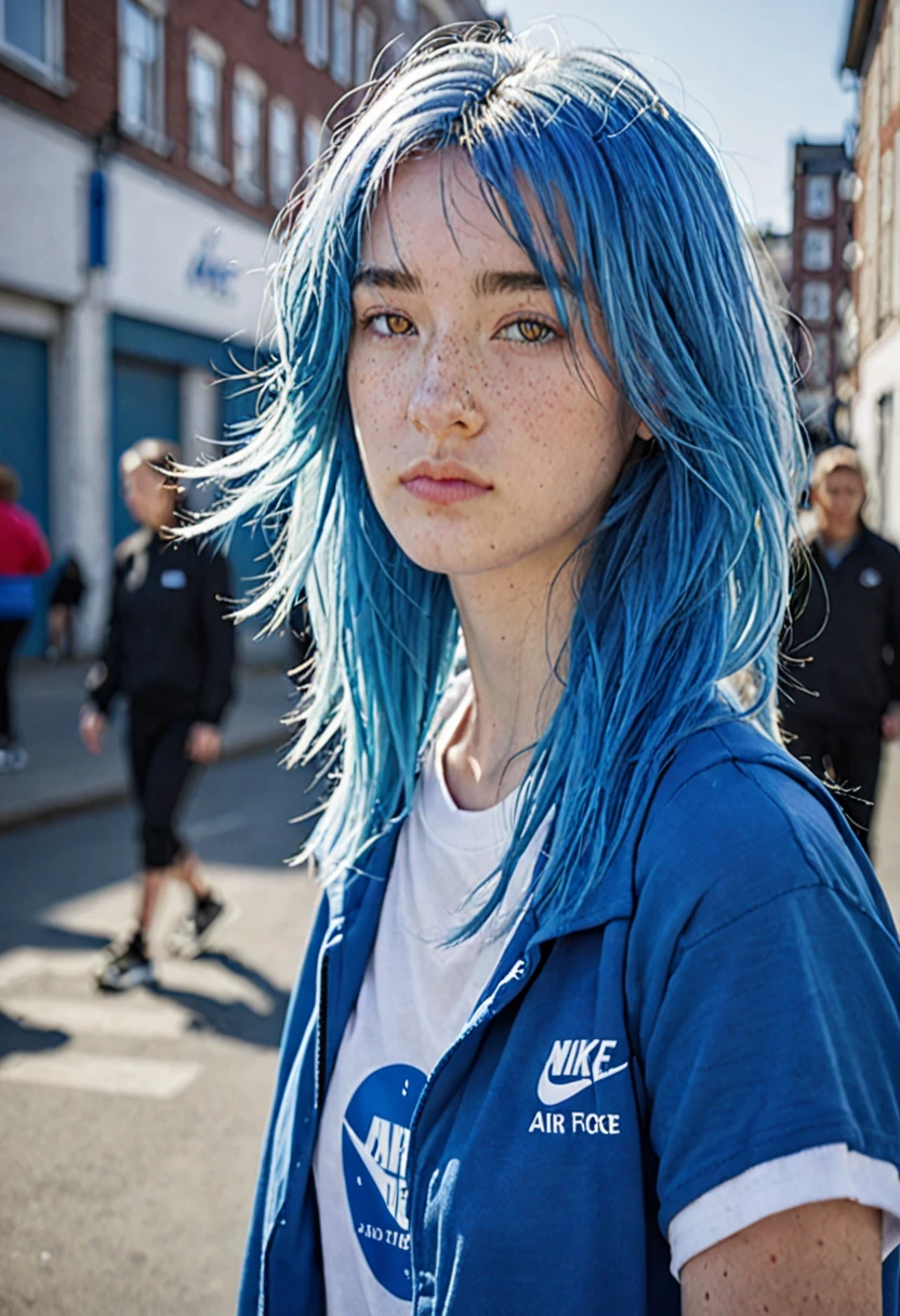 blue hair。Best Anamorphic Lens Photography。Women with freckles。In the background, the morning sun shines on her hair.、background is blurry。jersey figure。I&#39;m wearing Air Force Nike sneakers.。Standing and showing the whole body。Shuttered streets。I&#39;m wearing high socks。