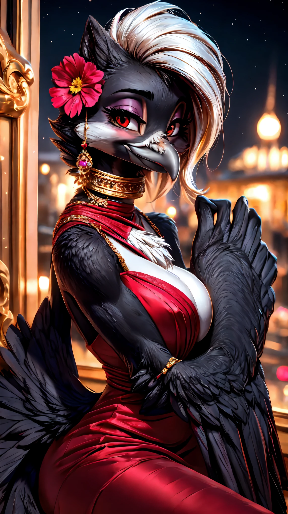 2 Beautiful woman,(((beautiful red eyes))),((((chibi:1.5)))),side facing,((((winged-arms)))),(((Beautiful night view of big city))),((((jewelry:1.5)))),((Athletic body:1.5)),(((anthro crow))),(((luxury Bar))),(((Lover-like relationship))),((((racy dress)))),(((blush smile))),((flower hair ornament)),female,(((sitting))),((wine bottle)),portrait,((((big breasts)))),(((not nipples))), beak,cute,Super high quality,masterpiece,heart shaped pupils,(highest quality,4k,8K,High resolution,masterpiece:1.2), Super detailed, HDR, UHD, studio lightning, ultra-fine goodinting, sharp focus, Physically based rendering, extrine detail description, Professional, Bright colors, Bokeh, (in) you bring, landscape, photograph, concept artist (Style), (with) vibrant color goodlette, (good) soft lighting