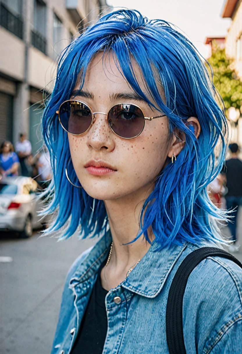 blue hair。Best Anamorphic Lens Photography。Women with freckles。In the background, the morning sun shines on her hair.、background is blurry。fashionable。I&#39;m wearing Air Force Nike sneakers.。Standing and showing the whole body。Shuttered streets。I&#39;m wearing high socks。She wears sunglasses and has earrings in her ears。