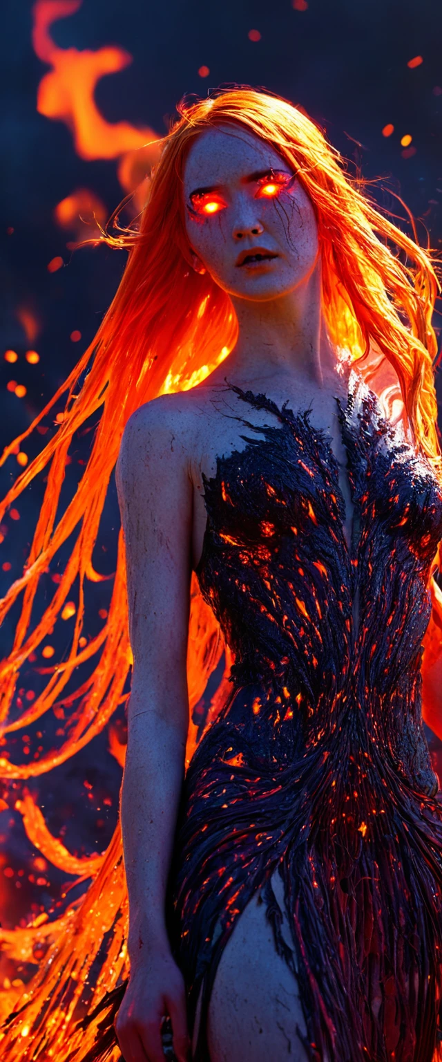 cosmic fallen angel, Long orange hair,Veins pop out on the face,shining red light eyes,Red tears, biomechanics, Spooky, spooky, Nightmare, Very bright color, particles of light, light shines, Musif, wallpaper art, uhd wallpaper,background flame,Volcano in the background、Mr.々The flames and pillars of fire are powerfully depicted.。They are the forces of nature and people.々Symbolizing the faith of、It expresses the mystery and sacredness of volcanoes.。Your work is、Combining mythological and religious elements、God of Fire々Please draw the figure of。