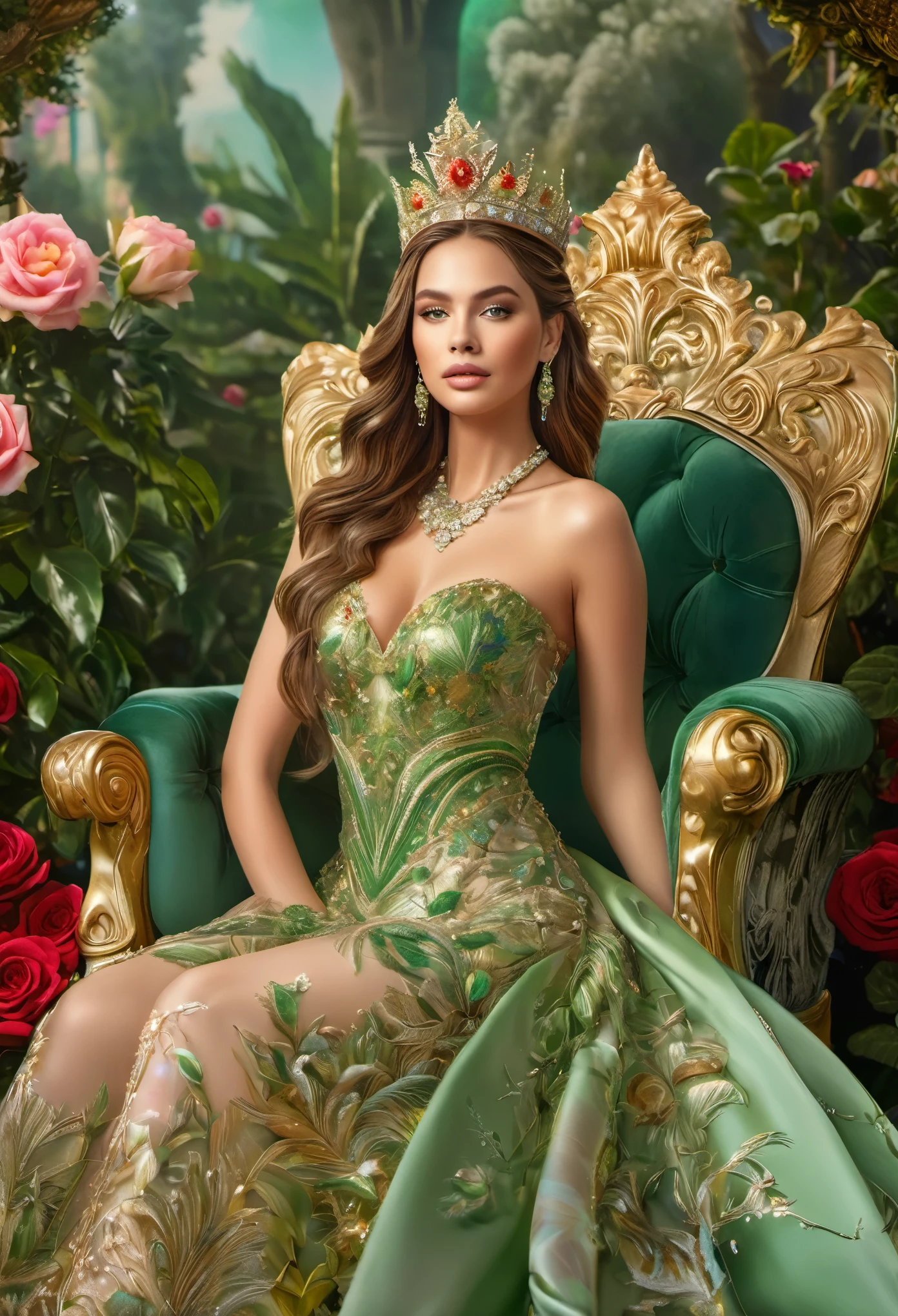 (best qualityer,4K,8k,high resolution,work of art:1.2),ultra detali,realisitic:1.37,an alien girl with a body made of emeralds,diamonds shining on your skin,two long silver braids,exotic facial features,big emerald shaped eyes,emerald colored plump lips,delicate facial structure,golden jewels adorning her face,a slender figure with curvaceous emerald contours,sparkling emerald dust floating around her,emerald particles radiating from his body,standing tall in a vibrant garden full of emerald colored flowers and plants,dressed in a flowing emerald green gown adorned with intricate emerald patterns,your dress blending perfectly with the surroundings,evoking a supernatural aura,illuminated by a soft ethereal light, casting a greenish glow on her emerald figure,creating a surreal atmosphere,showing the beauty of the emerald alien girl.