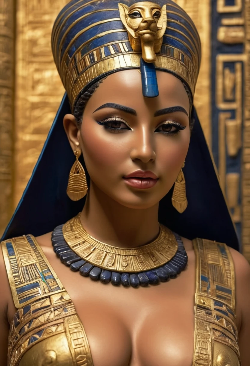 (best quality,4K,highly detailed foto full body shot),ancient Egyptian-style stone statue of a woman, topless; (thick chubby), soft skin, voluminous, seductive face expression, seductive smile, mesmerizing eyes, intricate headdress, delicate features, delicate carving details, smooth texture, captivating pose, elegant posture, radiant beauty, majestic presence, mystical aura, adorned with jewels and gold, regal attire, flowing robes, elaborate patterns, intricate engravings, rich color palette, warm earth tones, golden accents, soft lighting, dramatic shadows, mesmerizing gaze, enchanting atmosphere displaied in a museum
