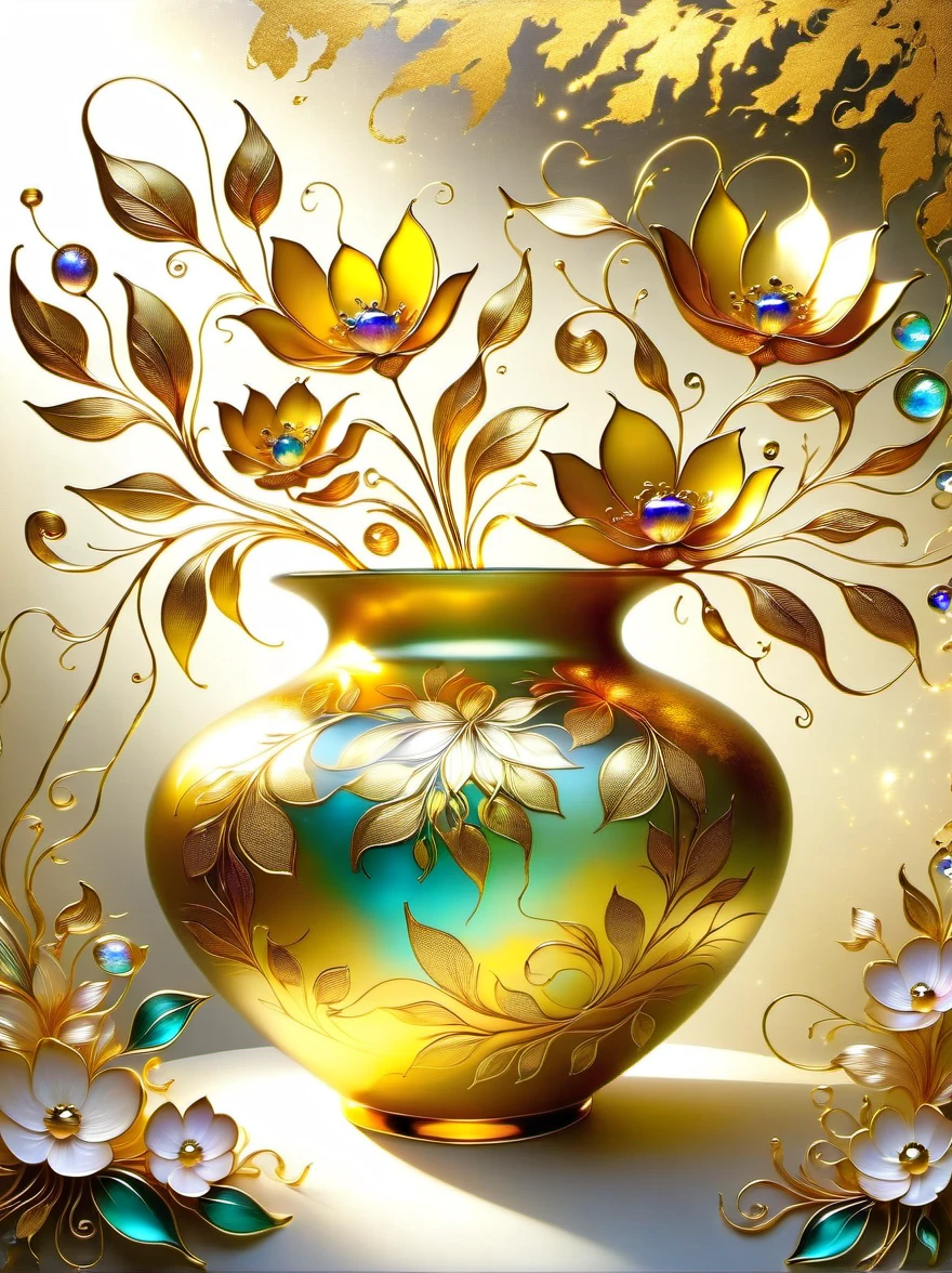(Gold Leaf Art:1.6), A delicate vase made of artistic Murano glass with gold leaf,Various shades of gold foil colors shimmer in the golden morning sun,The beautiful pattern on the vase is like the graceful curves of gold foil,Like a melody in a dance,(The vase is filled with delicate gold leaf art flowers:1.5),As if under the charming charm of nature,They bloom into life in a whimsical magical garden