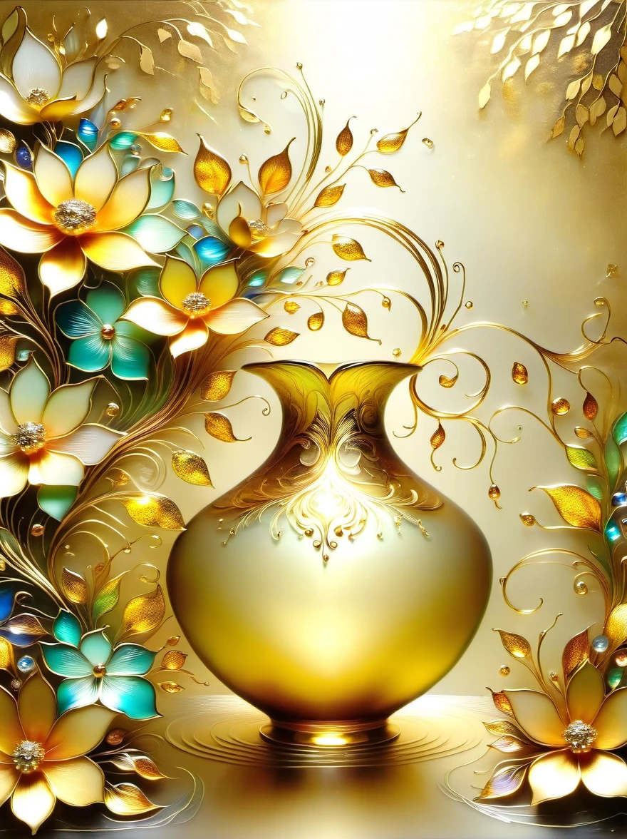 (Gold Leaf Art:1.6), A delicate vase made of artistic Murano glass with gold leaf，Various shades of gold foil colors shimmer in the golden morning sun，The beautiful pattern on the vase is like the graceful curves of gold foil，Like a melody in a dance，(The vase is filled with delicate gold leaf art flowers:1.5)，As if under the charming charm of nature，They bloom into life in a whimsical magical garden
