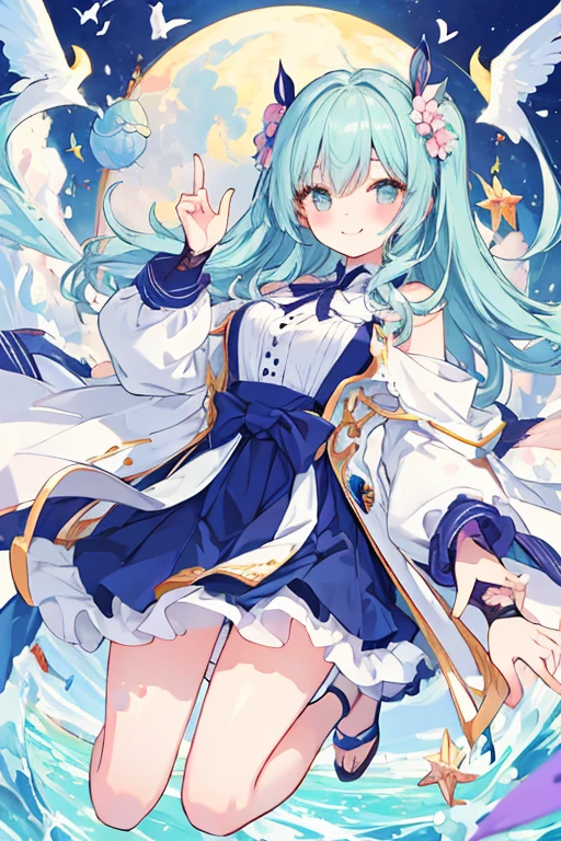 beautiful illustrations, highest quality, pretty girl,beautiful girl、clear face、 half girl、pastel colour 、blush、perfect hands、five fingers、thighs、(perfect face:1.1), smile、between legs、skirt、girl jumping、butt