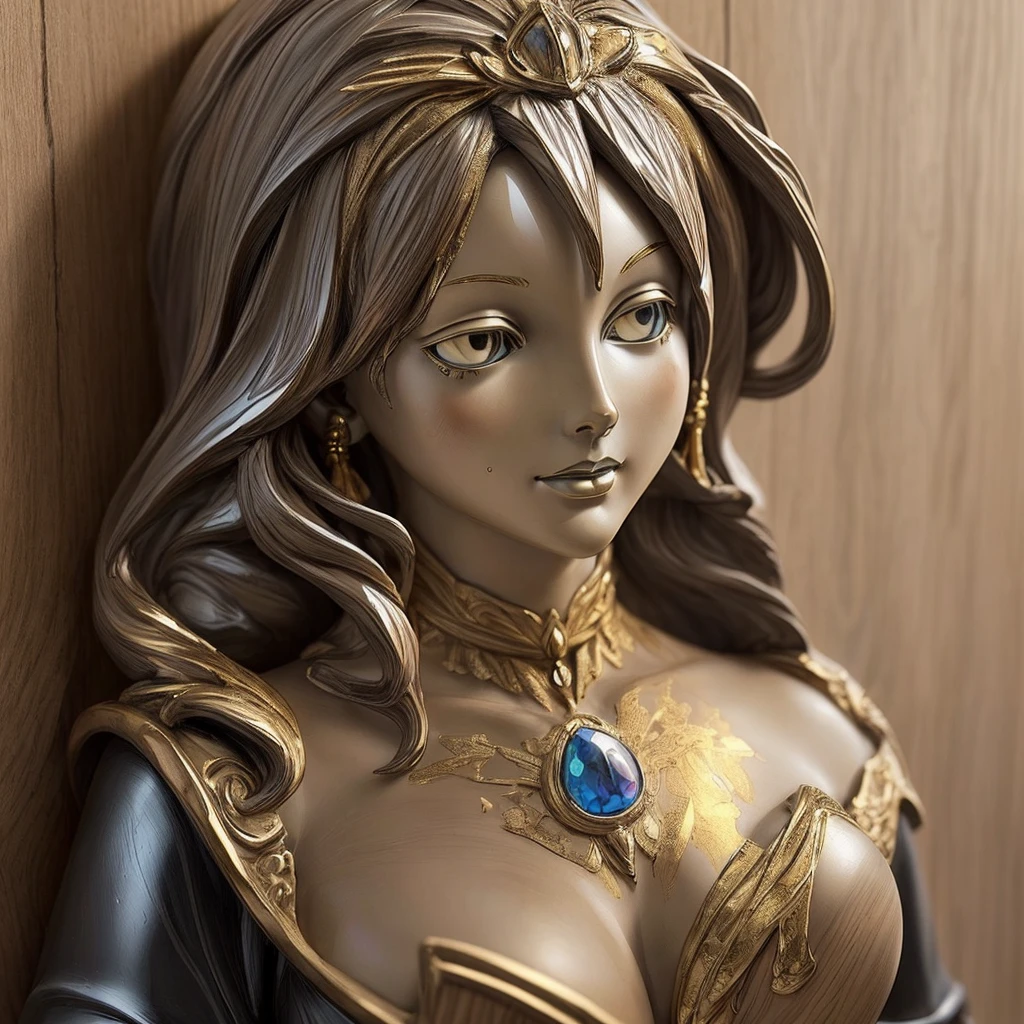 Gold Leaf Art statue of a beautiful female bust, bust only, mid-body only, in museum, in backround, marble, wooden edging painting on wall, details