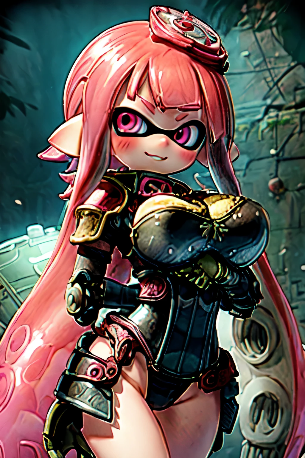 Splatoon Girl、(Armored Leotard:1.2), corset, gigantic breast, breastplate, Red tentacle hair、lips, pink eyes, looking at the viewer、big and cute eyes、beautiful eyes、highest quality、blush、cheek、Lipstick、shy smile、