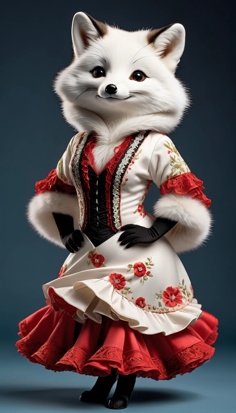 Realistic portrait of an animal in clothes - a chubby arctic fox flamenco dancer,( flamenco dance poses), high quality,(charming) ,intricate details, Very detailed ((flamenco costume)) ,Very detailed dress,, (happy), studio lighting,(full body image:1.5)
