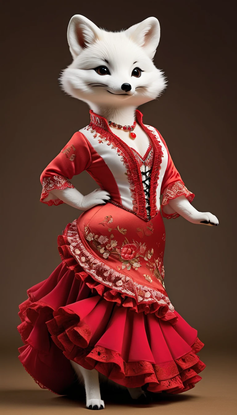 Realistic portrait of an animal in clothes - a chubby arctic fox flamenco dancer,( flamenco dance poses), high quality,(charming) ,intricate details, Very detailed ((flamenco costume)) ,Very detailed dress,, (happy), studio lighting,(full body image:1.5)