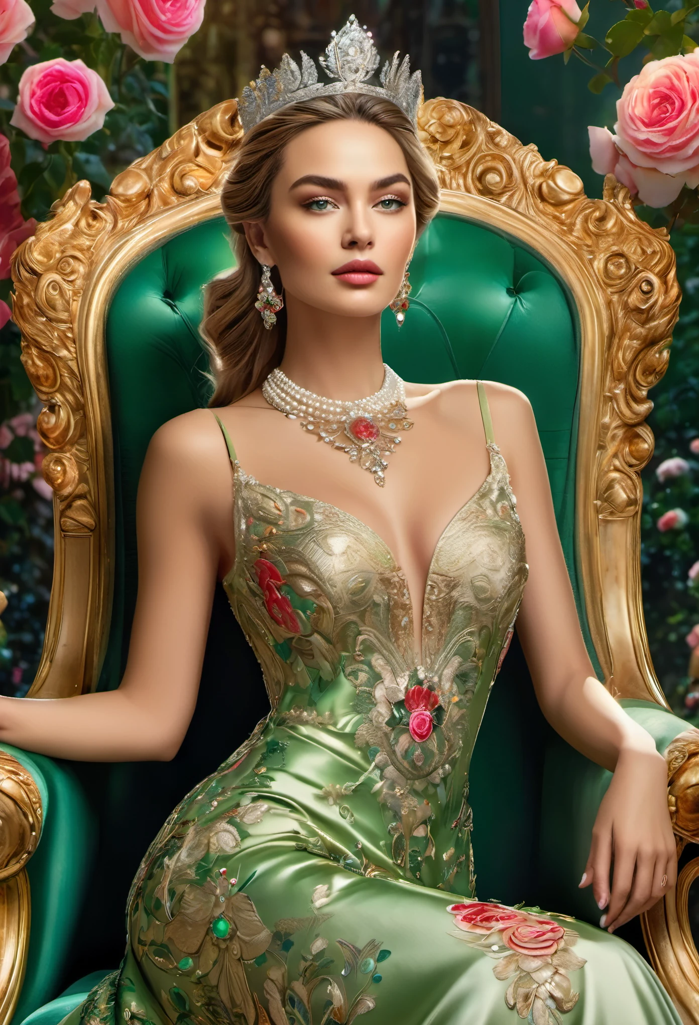 (Chair,queen),Super detailed photo,(best quality,4k,high resolution,A masterpiece:1.2),Ultra-high density details,Vivid colors,Prosperity and luxury,ornate jeweled crown,Attractive neckline,Gorgeous and elegant girl,Wear a crown,Detailed green eyes,Sparkling jewelry,majestic posture,Plump lips,smooth skin,Surrounded by a magnificent rose garden,Metal textures everywhere,Gorgeous murals,Quiet and elegant atmosphere,Dazzling palace ball,Feather and pearl embellished dress,The power and beauty of the lady are fully revealed,A strong sense of contradiction and balance。