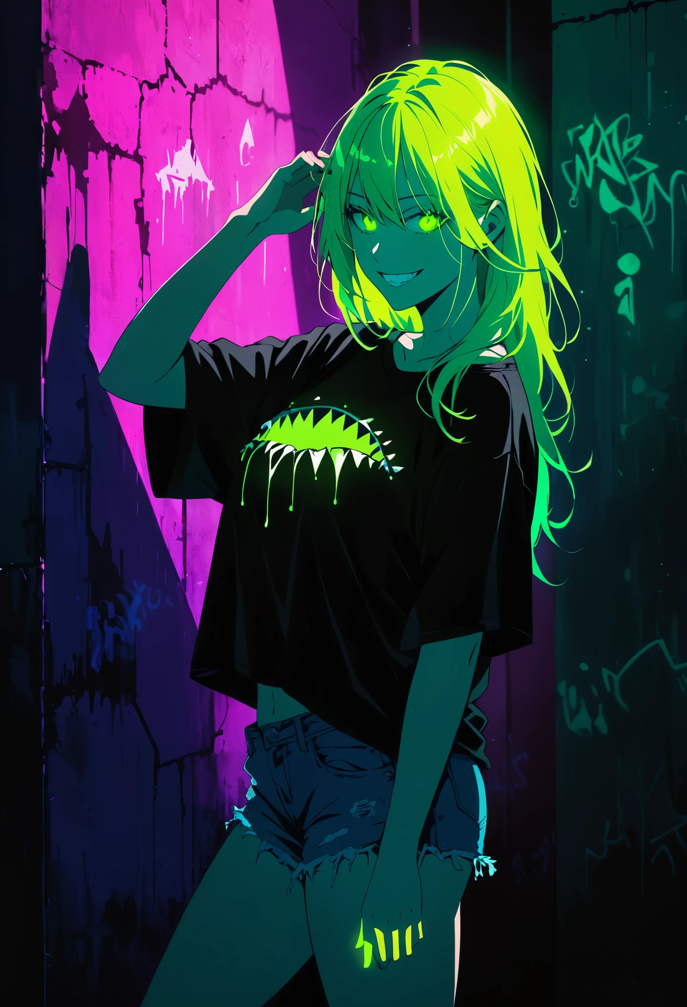 (Portrait of a mysterious giant eye)，indoor，Fluorescent illumination，(((Darkness shrouded)))，Wall background，black background，silhouette，shadow，extreme darkness，Minimalist graffiti style background，Fluorescent green eye graffiti，Dark atmosphere，cowboy shot,1girl,Oversized black T-shirt，Medium Breast，Waistless T-shirt，（underboob），blurred background，Blurred foreground，Green fluorescent hair，Fluorescent green eyes，Hand raised and touching hair，long hair，Messy hair，Low rise denim shorts，Over-the-knee boots，pink eye shadow，Ruined eyeshadow，Grin，Shark Teeth，