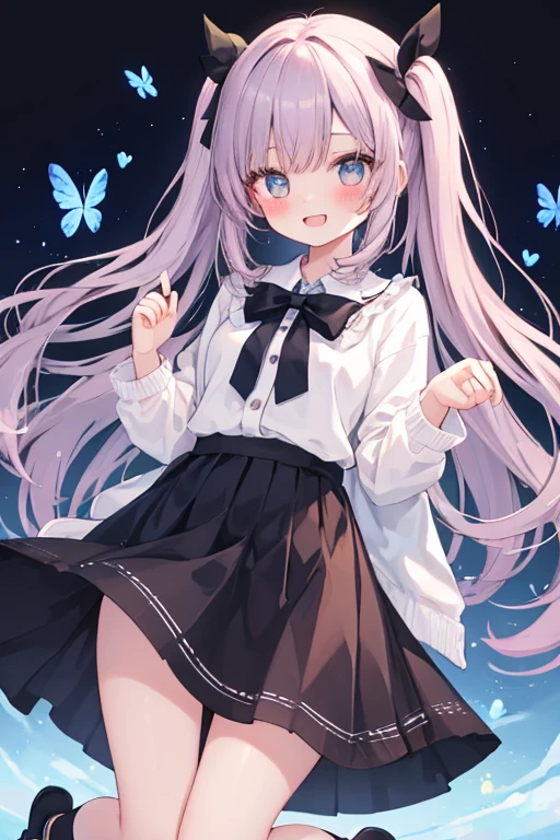 illustration, masterpiece, best quality, 1girl, fox ears, soft silver pastel brown hair, two tails, high twin tails, black ribbons with gold edges, star hair ornament, star \(symbol\), low twintails, halo, bangs, blush, smile, sparkle, full body, firm pose, T pose, (((transparent white blouse))), short skirt, (((no panties))), uncensored, barefoot, white bed, the girl's height is 1.40 meters , slim body, thin waist, thin hips, white background, (((perfect hands))), (((perfect feet))), (((Perfect fingers))), wallpaper
