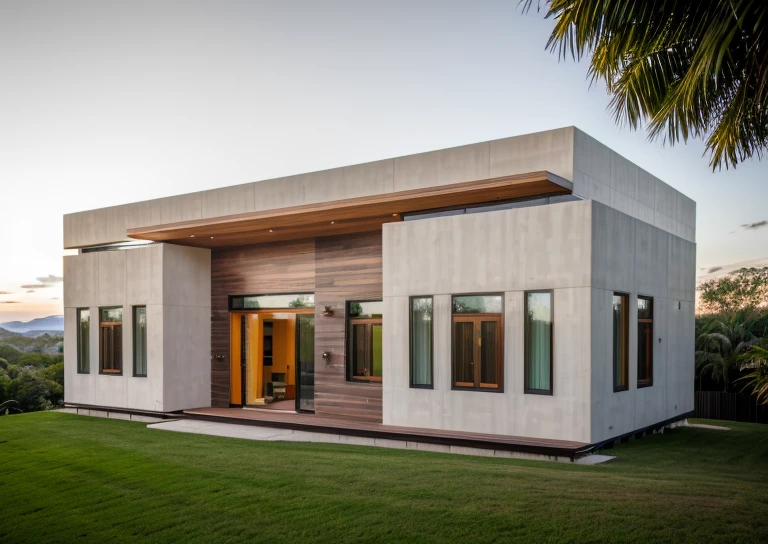 exterior contemporary house in the sunrise,((halfway up the tropical hill)), cladding stone mix with nature wood material, glass rail, plants on balcony, glasses window, nice landscape with tropical trees and plants, green grass,