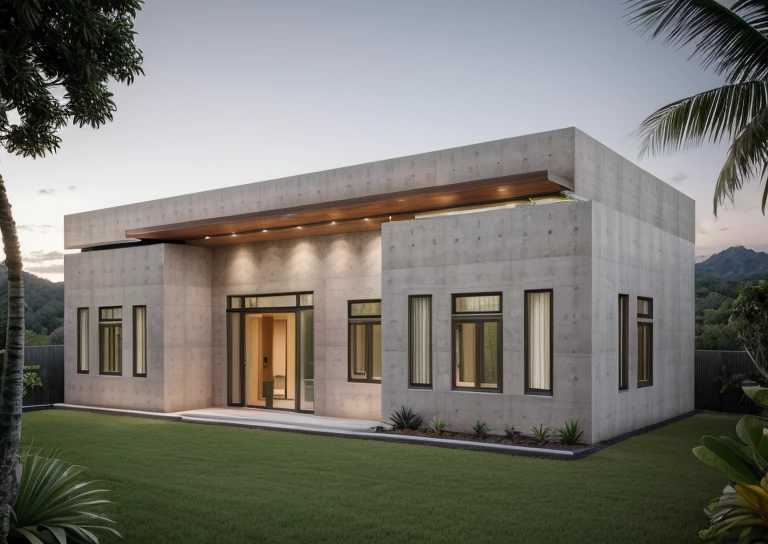 exterior contemporary house in the sunrise,((halfway up the tropical hill)), cladding stone mix with nature wood material, glass rail, plants on balcony, glasses window, nice landscape with tropical trees and plants, green grass,