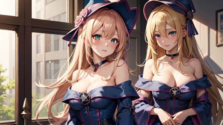 master piece,best quality,ultra detailed,8k,
natural light,realistic skin,glossy skin,（Trapped in a glass bottle：1.4）、Sakura tree in a glass bottle、
（dark magician girl, duel monster, blush stickers, blonde hair, green eyes, long hair, breasts, blush, bangs, large breasts, hair between eyes, pentacle, pentagram, hat, dress, cleavage, bare shoulders, collarbone, choker, blue headwear, wizard hat, bracer, detached sleeves;）、
（the body is very wet：1.5）、yukata、glossy lips、Slightly emphasize the lower lip、blush、embarrassed expression、emphasizing the cleavage、