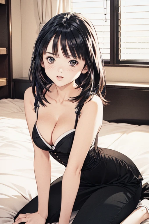 (8K、top-quality、​masterpiece:1.2)、(realisitic、ultra-detailliert、超A high resolution、1 girl,25years,beautifull detailed face,perfect body,((layered hair,long black hair)),((daytime)),Constriction、(Slim waist :1.3)、Beautiful detailed skin、Skin Texture、Floating hair、((daylight)),((office lady,yokozuwari + sitting,on bed,wearing red glasses,cleavage)),,in full face blush,((daytime))((upper body shot))