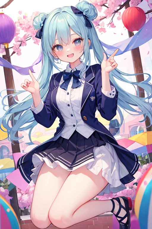 beautiful illustrations, highest quality, pretty girl,beautiful girl、clear face、 half girl、pastel colour 、blush、perfect hands、five fingers、thighs、(perfect face:1.1), smile、between legs、skirt、girl jumping、butt