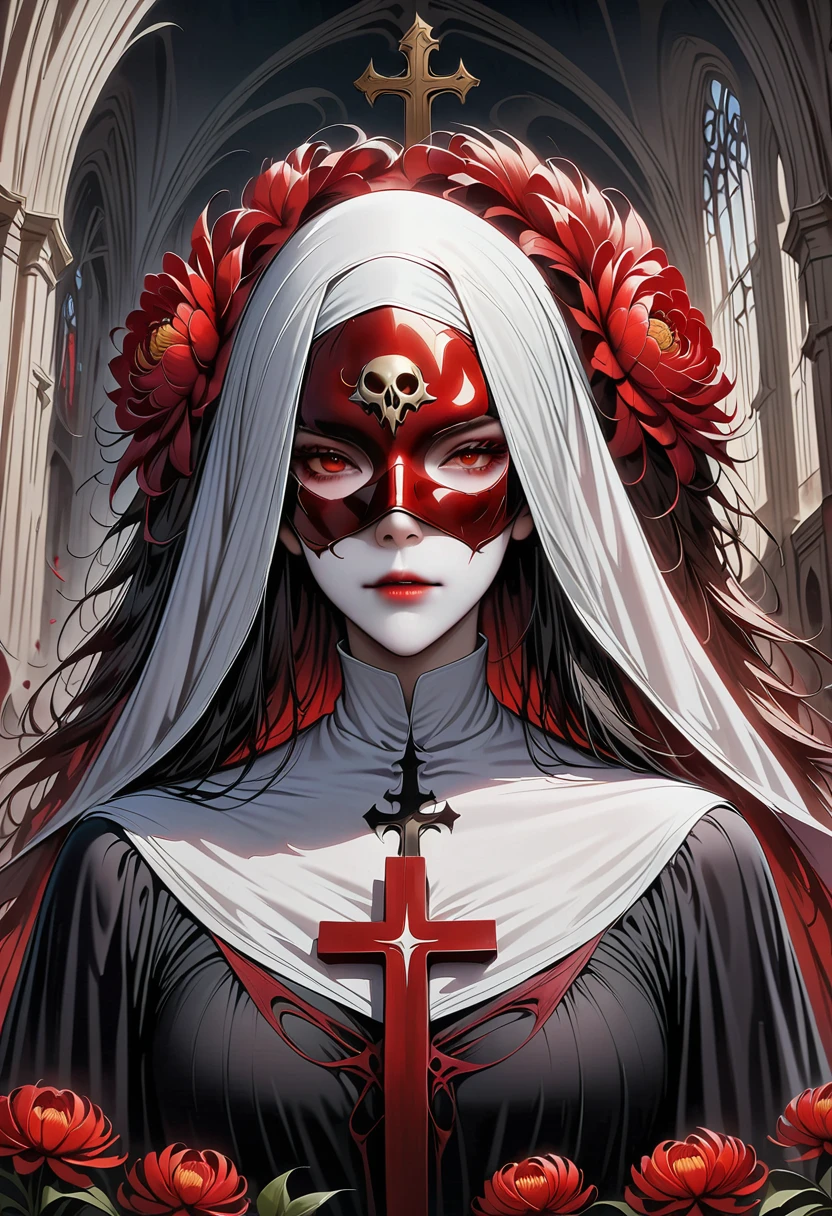 (best quality,4K,8K,high resolution,masterpiece:1.2),Super detailed,(actual,photoactual,photo-actual:1.37),Giant cross:1.37,Spacious church,Beautiful nun,black robe,(meticulously made,Gorgeous) mask,Demons around,skull,bloody,red lily,red chrysanthemum,flame,Light.bloody,blood stains,,flame,