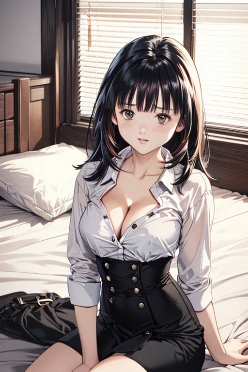 (8K、top-quality、masterpiece:1.2)、(realisitic、ultra-detailliert、超A high resolution、1 girl,28years,beautifull detailed face,perfect body,((layered hair,long black hair)),((daytime)),Constriction、(Slim waist :1.3)、Beautiful detailed skin、Skin Texture、Floating hair、((daylight)),((office lady,dress shirt,yokozuwari + sitting,on bed,wearing red glasses,cleavage)),,in full face blush,((daytime))((upper body shot))