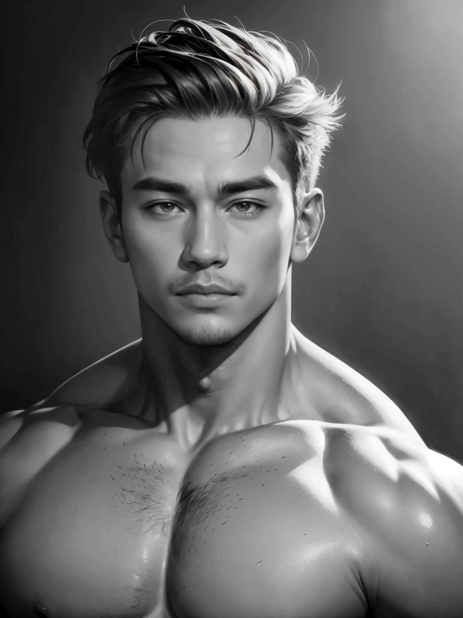 half body , portrait, mono tone,American, studio light,simple background,handsome male,muscular,top-quality、masterpiece high resolution、