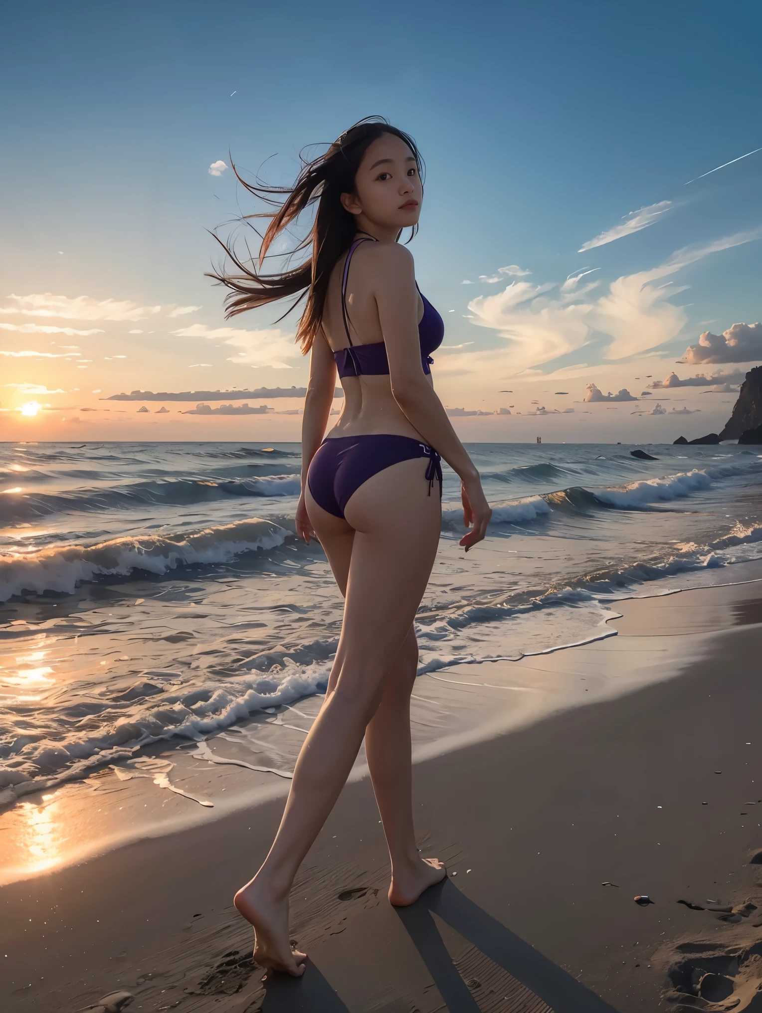 (masterpiece, best quality:1.4), cinematic light, colorful, high contrast, neon, sky, sunlight, space, beach, wave, no people, expansive landscape photography, (a view from below that shows the sky above and the sea below use a lot of purple and orange, details, 1 girl, solo, bikini,