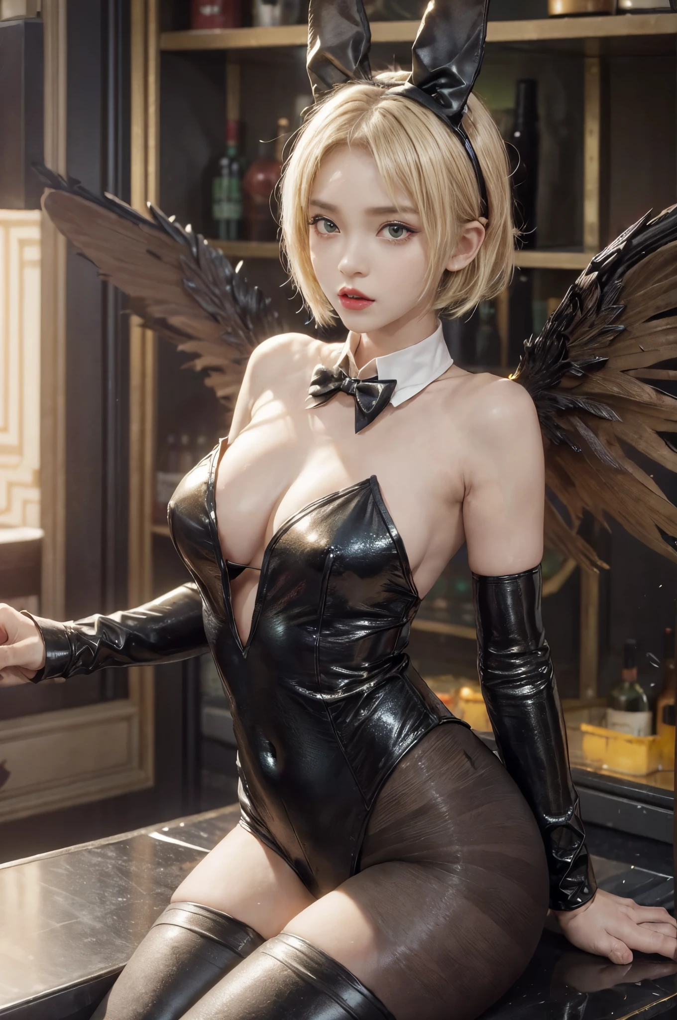 (Front Pin、perfect anatomy:1.5)、(SFW:1.5)(Super detailed、16K quality、real skin: 1.6)、Ultra-authentic、cinematic lighting、highly detailed face、1 beautiful thai girl、 (beautiful 14 year old half thai/japanese girl:1.3)(mens short hair、blonde:1.5)(big slit eyes)(blondeと派手な色がミックスされたヘアカラー、eyeliner、green color contact lenses:1.5)(Disproportionate breasts)red lips.break(Black or deep purple base),
bunny_girl,wearing a black bunny girl outfit,Animal ear headband,(black rabbit ears:1.1),(white collar and black bow tie:1.3),(cuffs:1.3),(white cuffs:1.1),leotard,black leotard,(bare shoulders:1.2),(Shoulder less:1.2),(strapless:1.2),(No shoulder strap:1.2),leather leotard,wearing tights under the leotard,(fishnet pantyhose:1.2),bunny tail(Wings of the Black Fallen Angel:1.5),break(Glittering golden decoration、Inside a luxurious Arab bar、Extra large liquor cabinet:1.4)(whole body.)