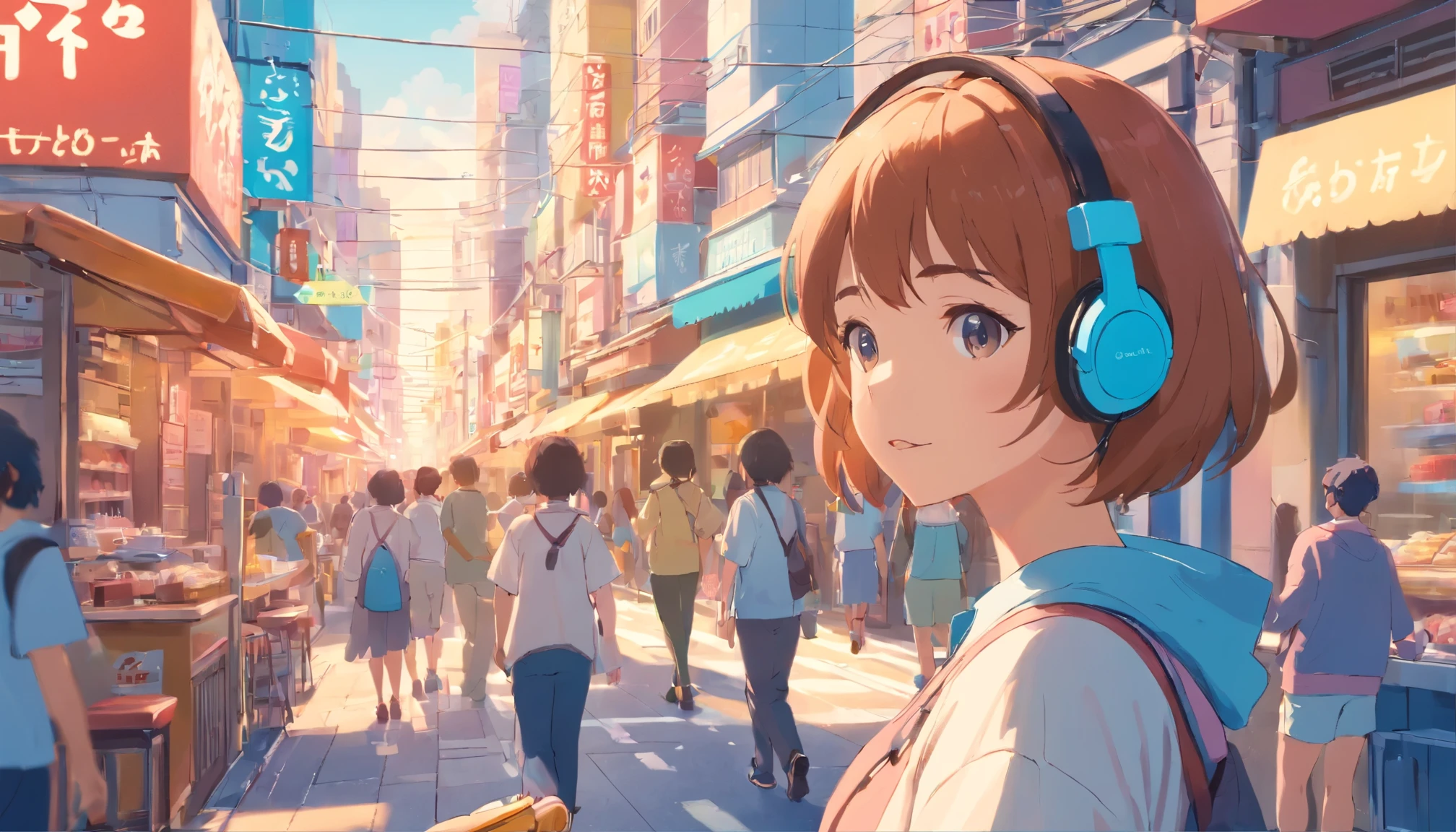 Bob cut girl with headphones、Walking through the city listening to music、Clearly a woman、Xin Haichengfeng、Harajuku in Tokyo、Ice cream shop、Colorful cotton candy shop、Accessory Book、Cafe、intersection、