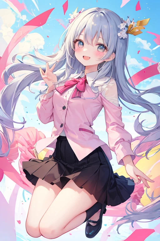 beautiful illustrations, highest quality, pretty girl,beautiful girl、clear face、 half girl、pastel colour 、blush、perfect hands、five fingers、thighs、(perfect face:1.1), smile、between legs、skirt、girl jumping、butt
