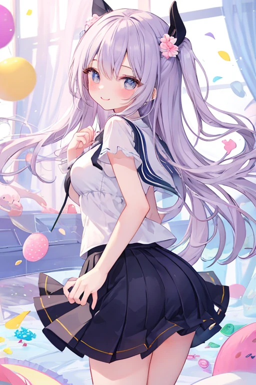 beautiful illustrations, highest quality, pretty girl,beautiful girl、clear face、 half girl、pastel colour 、blush、perfect hands、five fingers、thighs、(perfect face:1.1), smile、between legs、skirt、girl jumping、butt