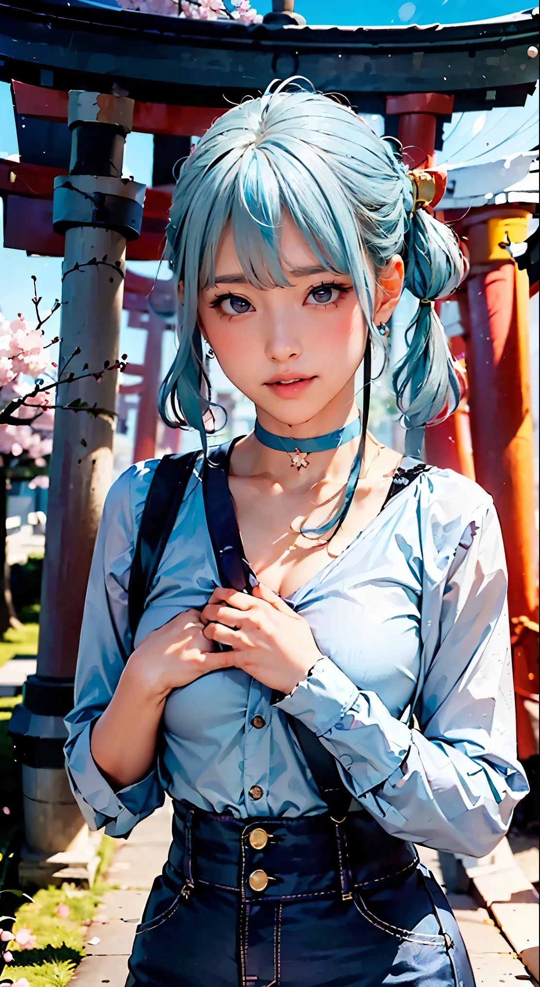 (masterpiece:1.2, highest quality, 8K, advanced details), (realistic, photorealistic:1.4), beautiful illustrations,
looking at the viewer, whole body, Front view:0.6,
((1 mature woman, 32 years old)), Japanese, ((light blue hair, Twin tails in a high position:1.6)), blown hair, bangs, hair between eyes , Big Tits Beautiful Hair, Beautiful Hairstyles, beautiful face, beautiful and detailed eyes, (shining eyes:1.3), beautiful clavicle, beautiful body, beautiful breasts, beautiful thighs, beautiful feet, beautiful fingers, perfect anatomy:1.3, perfect anatomy,
((Place your left hand on your chest:1.3)),
(Look at the viewer while blushing:1.3)
((blouse, pants, choker:1.3)), ((shrine:1.6, Within the territory, torii, Cherry tree:1.3))