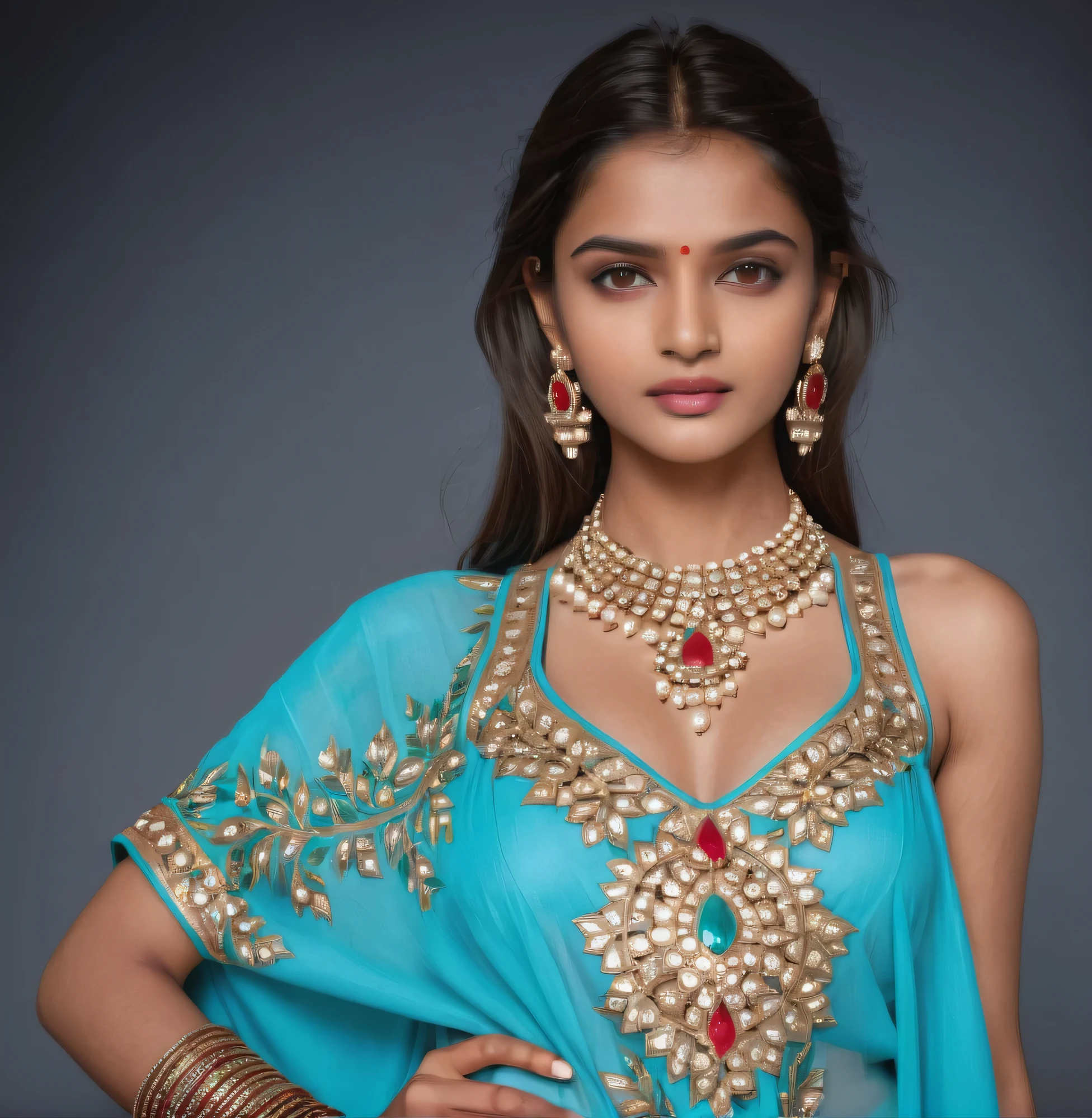 A 20-year-old Indian girl Fashion female model full body Caftan traditionnel, Indian style, bustier, without sleeves, haute couture, luxury, fashion design, elegant