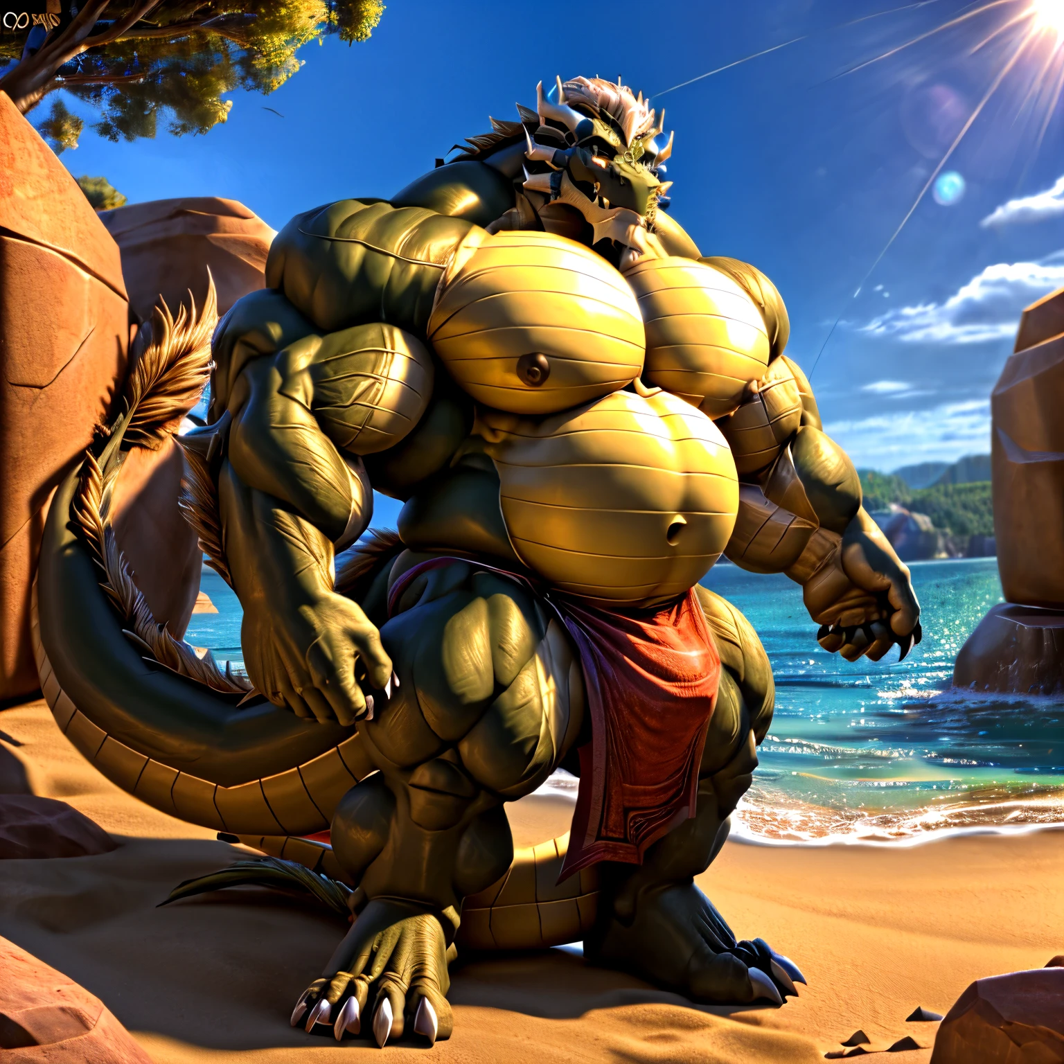 shendu, eastern dragon king, male dragon, eastern dragon,hefty body, with very big muscles, hulking, huge, colossal body, extremely strong, big abdominal muscles, hefty musclegut, pecs, Strong and robust musclegut , prominent muscle abs, sharp claws, legs, feet, full body, loincloth, HDR, nipples, sunlight, daylight, outdoor, bright , at noon, good weather, 4k, best quality .