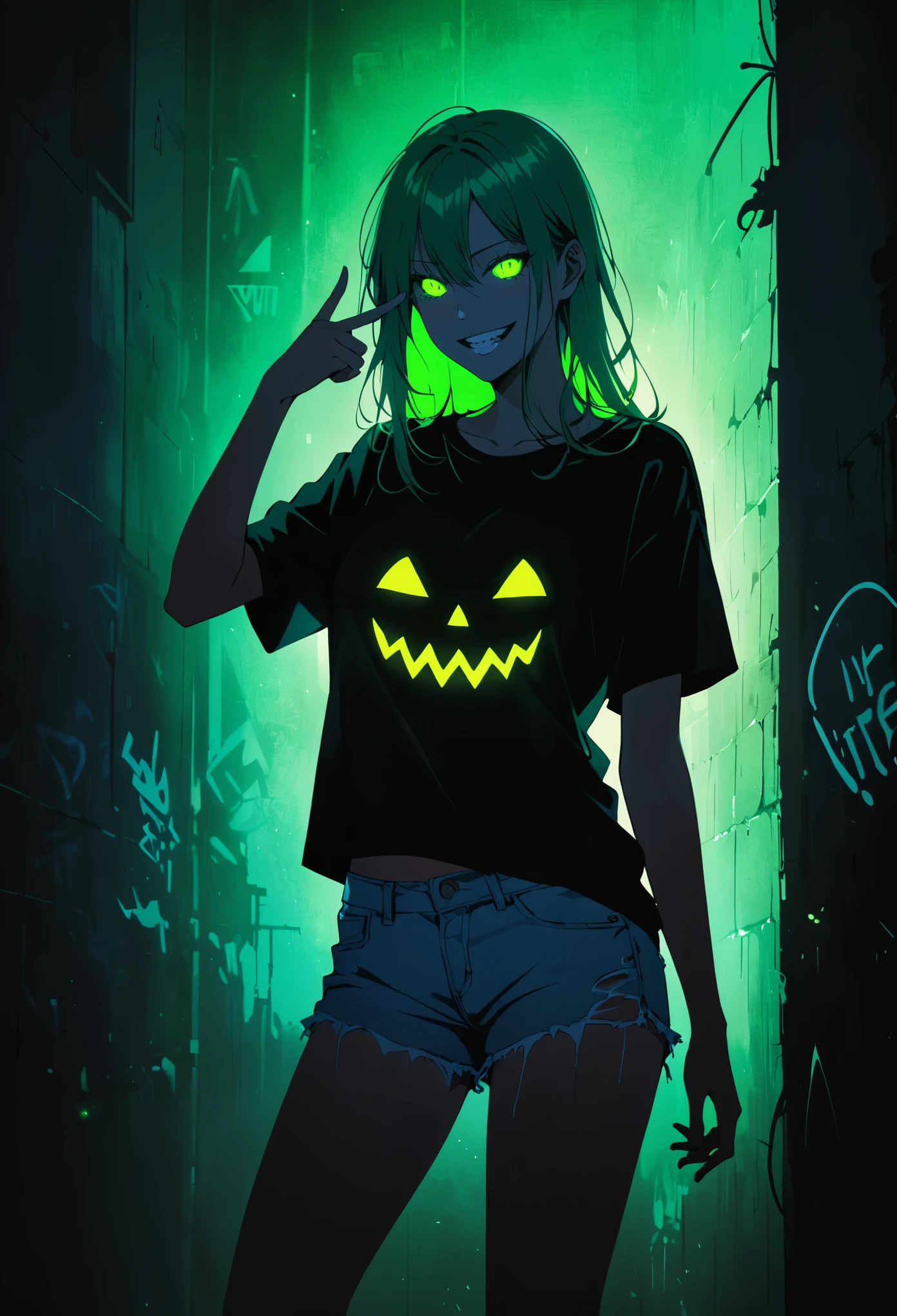 (Portrait of a mysterious giant eye)，indoor，Fluorescent illumination，(((Darkness shrouded)))，Wall background，black background，silhouette，shadow，extreme darkness，Minimalist graffiti style background，Fluorescent green eye graffiti，Dark atmosphere，cowboy shot,1girl,Oversized black T-shirt，Medium Breast，Waistless T-shirt，（underboob），blurred background，Blurred foreground，Green fluorescent hair，Fluorescent green eyes，Hand raised and touching hair，long hair，Messy hair，Low rise denim shorts，Over-the-knee boots，pink eye shadow，Ruined eyeshadow，Grin，Open your mouth，Devil smiley，middle finger，Shark Teeth，