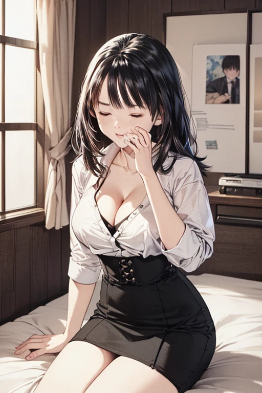 (8K、top-quality、​masterpiece:1.2)、(realisitic、ultra-detailliert、超A high resolution、1 girl,28years,beautifull detailed face,perfect body,((layered hair,long black hair)),((daytime)),Constriction、(Slim waist :1.3)、Beautiful detailed skin、Skin Texture、Floating hair、((daylight)),((office lady,dress shirt,tight skirt,yokozuwari + sitting,on bed,wearing red glasses,cleavage,eyes closed)),,in full face blush,((daytime))((upper body shot))