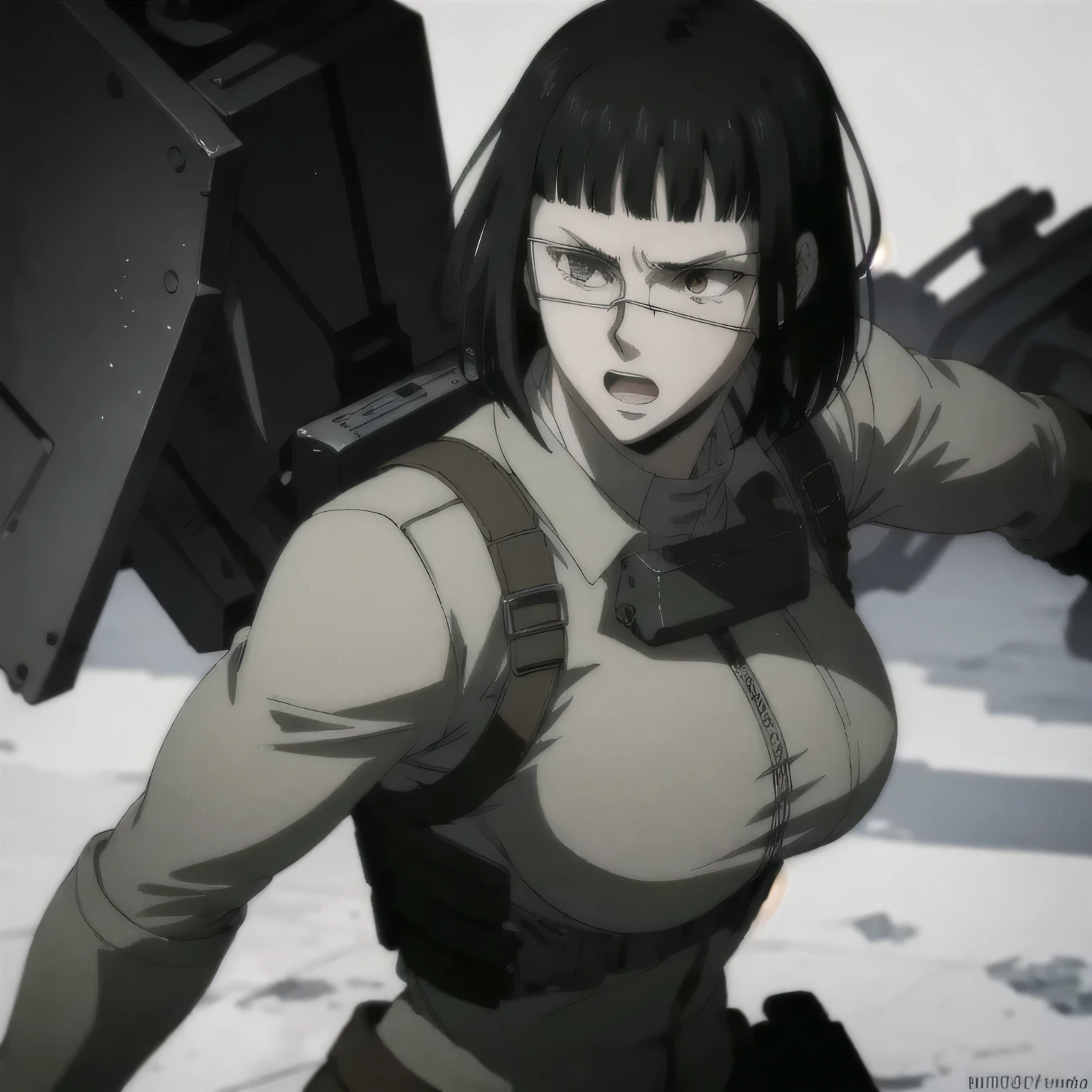 (best quality,ultra-detailed,realistic:1.37),musclaur badass girl wearing Winter uniform, full review of the female character's face and body, intense expression, strong and confident posture, studio lighting, vivid colors, physiologically-based rendering, grungy texture, rugged background, dust particles in the air, commanding presence, professional, powerful, gritty aesthetics,,Valmet،short hair,