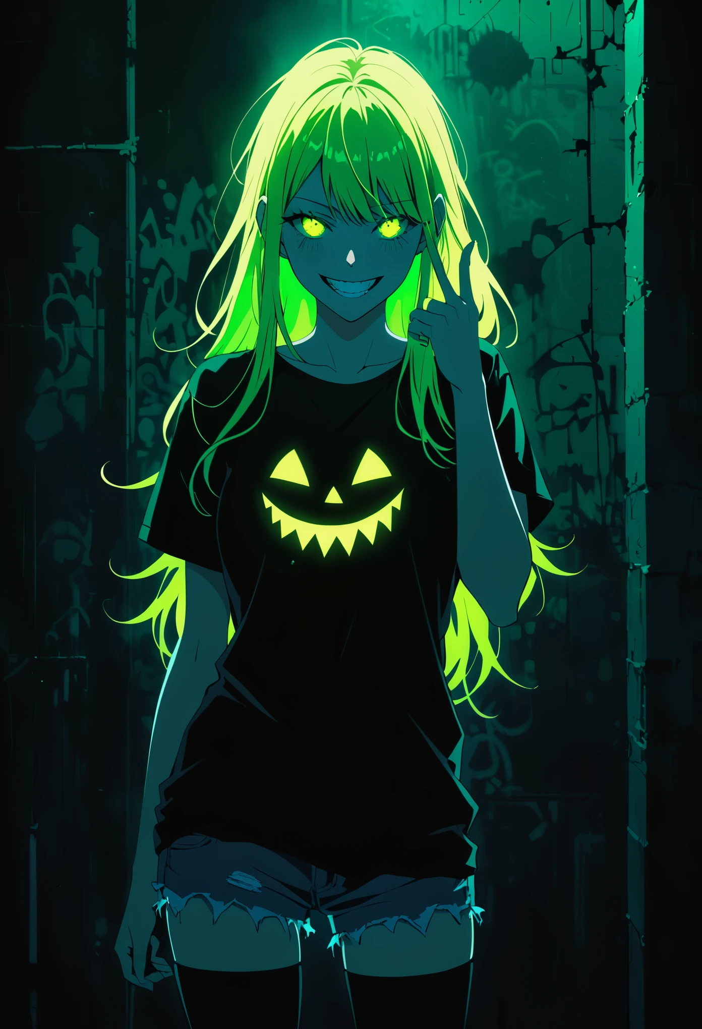 (Portrait of a mysterious giant eye),indoor,Fluorescent illumination,(((Darkness shrouded))),Wall background,black background,silhouette,shadow,extreme darkness,Minimalist graffiti style background,Fluorescent green eye graffiti,Dark atmosphere,cowboy shot,1girl,Oversized black T-shirt,Medium Breast,Waistless T-shirt,(underboob),blurred background,Blurred foreground,Green fluorescent hair,Fluorescent green eyes,Hand raised and touching hair,long hair,Messy hair,Low rise denim shorts,Over-the-knee boots,pink eye shadow,Ruined eyeshadow,Grin,Open your mouth,Devil smiley,middle finger,Shark Teeth,