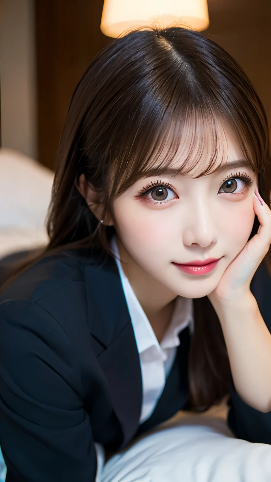 masterpiece: 1.25, highest quality, High resolution:1.35, Raw photo:1.2, realistic:1.37, surreal, 16k, Japanese((1 girl)), cute face, long eyelashes, fine eyelashes, eye shadow, shining eyes, realistic eyes, natural makeup, clear facial features, curvaceous physique, skinny, slender body, fine and beautiful eyes: 1.2, happy expression, Ulzzang, erotic thighs, Glossy skin, photon mapping, cinematic lighting,on all fours1.3、(suit、ol uniform), small and taut breasts,love hotel、on the bed