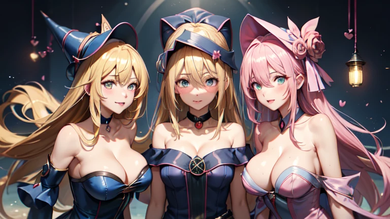 master piece,best quality,ultra detailed,8k,
natural light,realistic skin,glossy skin,(Trapped in a glass bottle:1.4)、Sakura tree in a glass bottle、
(dark magician girl, duel monster, blush stickers, blonde hair, green eyes, long hair, breasts, blush, bangs, large breasts, hair between eyes, pentacle, pentagram, hat, dress, cleavage, bare shoulders, collarbone, choker, blue headwear, wizard hat, bracer, detached sleeves;)、
(the body is very wet:1.5)、glossy lips、Slightly emphasize the lower lip、blush、embarrassed expression、emphasizing the cleavage、3 sisters、sexy pose