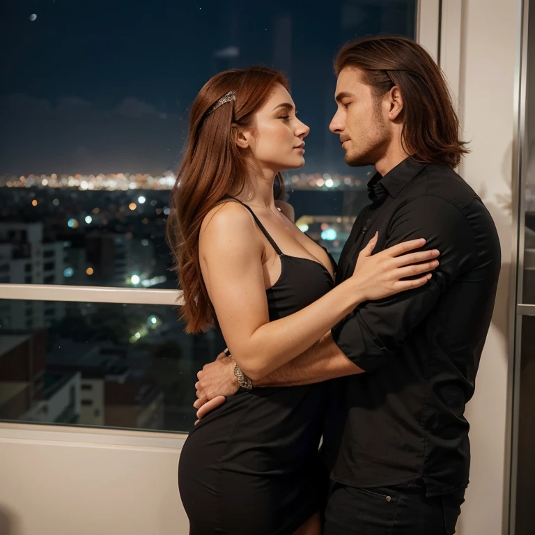 A heterosexual couple staying in a luxurious apartment, behind the window with a beautiful view of the city of Campina Grande at night, at Açude Velho. The man is tall, magro, tem cabelos preto e grande, ondulados e veste camisa preta. The woman is a redhead, usa vestido tomara que caia preto, tem sardas e olhos azuis. He holds the woman&#39;s waist about to kiss her intensely, as she wraps the man with her arms around his neck. The man is taking off her dress while she tries to take off the man&#39;s shirt.
