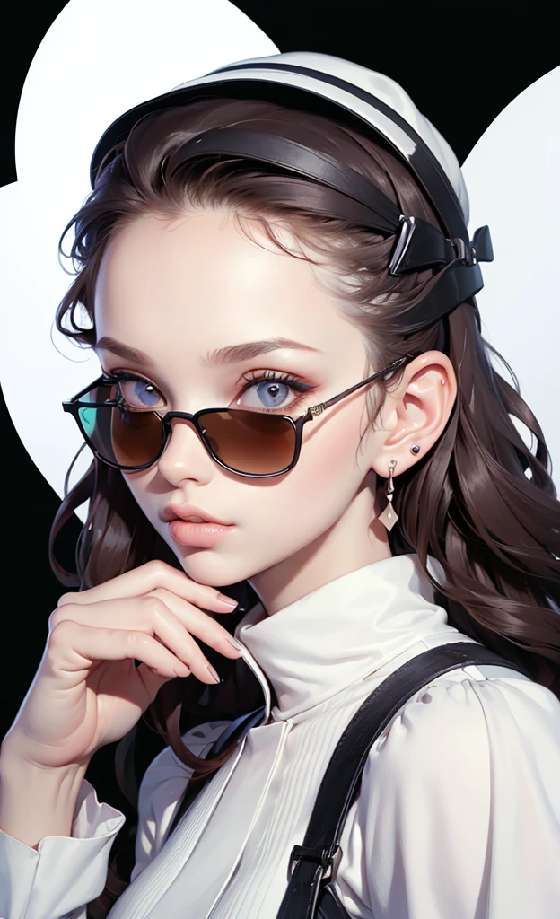 (Portraits:1.4), (masterpiece:1.2, best quality:1.2), from above, upper body, 1girl, Look up, face focus, extremely detailed face, extremely detailed eyes, good-looking, make up, finger on lips, sunglasses, fashion wear, earrings,
