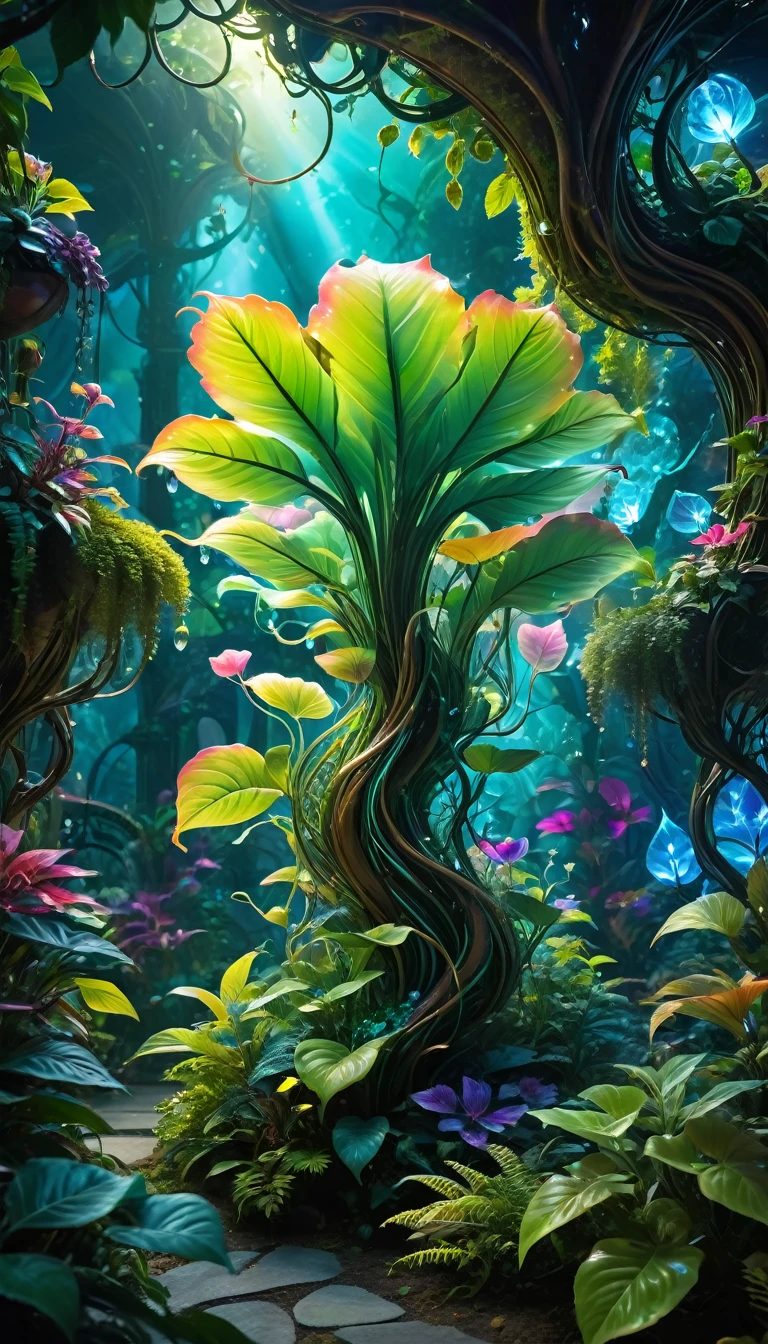 (best quality,4K,8K,high resolution,masterpiece:1.2),Super detailed,(actual,photoactual,photo-actual:1.37),bright colorful lights,bright colors,plant dream,Magical alien plants,Ethereal atmosphere,otherworldly,alien landscape,Alien vegetation,alien flora,unusual plant life,A strange display,Nourished by cosmic energy,Phosphorescence,glowing petals,Crystal leaves,bioluminescent tendrils,Surreal and energetic,rich saturation,organic shapes,Translucent flowers,Fantastic fantasy,charming surroundings,lush growth,rich foliage,Twisted vines,Glittering leaves,unusual texture,curved form,aromatic smell,Otherworldly beauty,mysterious temptation,mythological nature,magic garden,hidden sanctuary,peaceful tranquility,get along with nature.