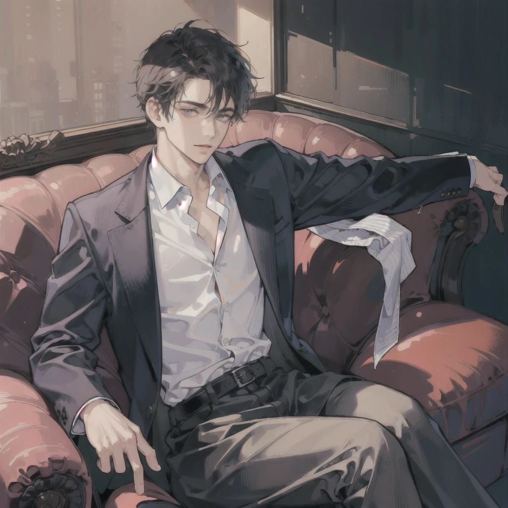 (masterpiece:1.4), (Best quality:1.4), 4K, 1 person, alone in the frame, man, high, courageous, short dark hair, dark eyes, serious, adult, Strong, formal suit, unbuttoned shirt, modernity, sitting on a chair, dark background