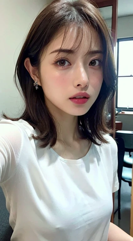 (table top:1.3), High resolution, super detailed, Highly detailed CG Unity 8K wallpaper, realistic, Photoreal, Raw photo, beautiful and detailed face, pale skin, realistic glowing skin, fine cloth texture, detailed hair texture, perfect body, beautiful face, beautiful row of teeth, Accurate, anatomically correct, Highly detailed face and skin texture, natural neck length, (beautiful hands), (Fair skin:1.2), thin legs, thin legs, (Satomi Ishihara)、(((Glittering big lips))) , fine eyes, symmetrical eyes, light brown eyes, double eyelid, thin eyebrows, (glossy lips:1.4), ((worried face:1.4)), (blush:1.1), (very cute girl:1.3), (Open white t-shirt,medium breasts:1.2), cleavage:0.125, (firm chest, well-shaped chest, slender body shape:1.1), toned abdominal muscles, (dark brown hair, wavy hair, medium long hair:1.2), ((flowing bangs:1.2)), ((Stand in a selfie pose:1.3)), ((indoors:1.3)), (Upper body is shown:1.2), looking at the viewer, From above,