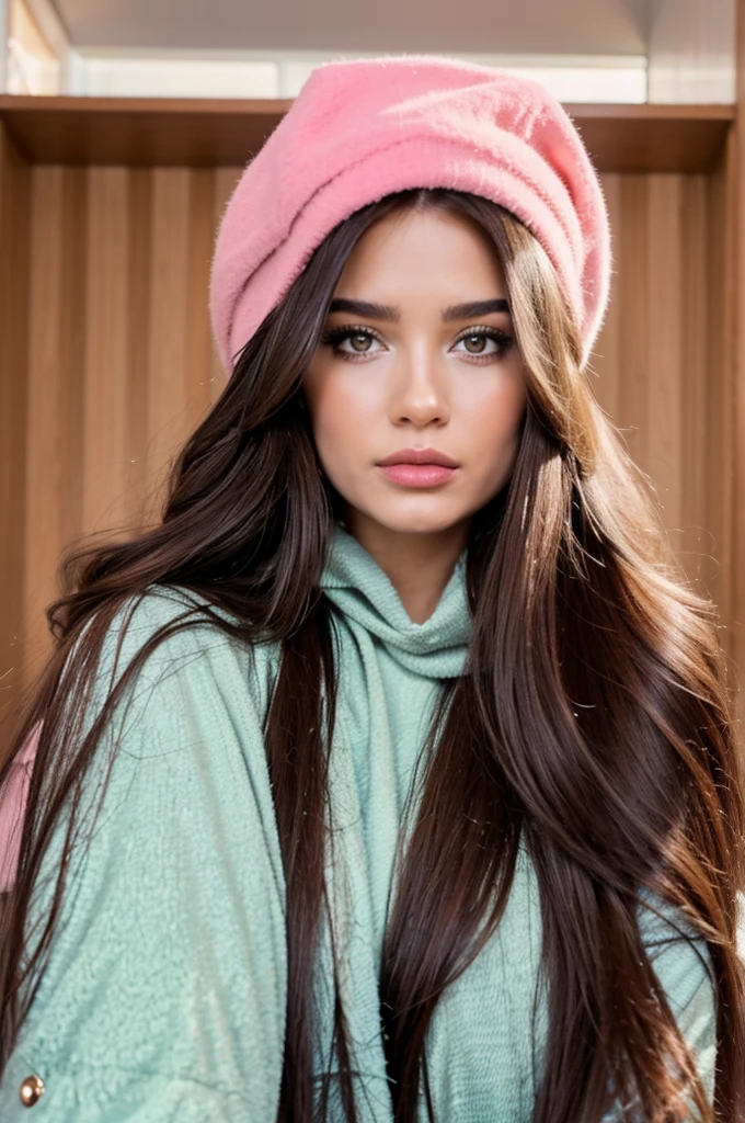 Professional photograph, best quality, 8K, hyper detailed, upper body, selfie photo. A close up portrait of a Gorgeous, pretty, warm-hearted, kind-hearted, good-hearted, stunning, cheerful, sweet, polite, sensitive, sensible, shiny, charming, alluring, dreamy, graceful, majestic, classy, stylish, flowing super long wavy brown haired argentinian woman, flowing hair, silky hair, glowing hair, ethereal argentinian beauty, exotic argentinian beauty, timeless argentinian beauty, dream argentinian beauty. She has the cutest face, beaming countenance, fair porcelain skin, soft make-up, red lipstick, she is wearing a black leather jacket, a black newsboy cap and a pink scarf.