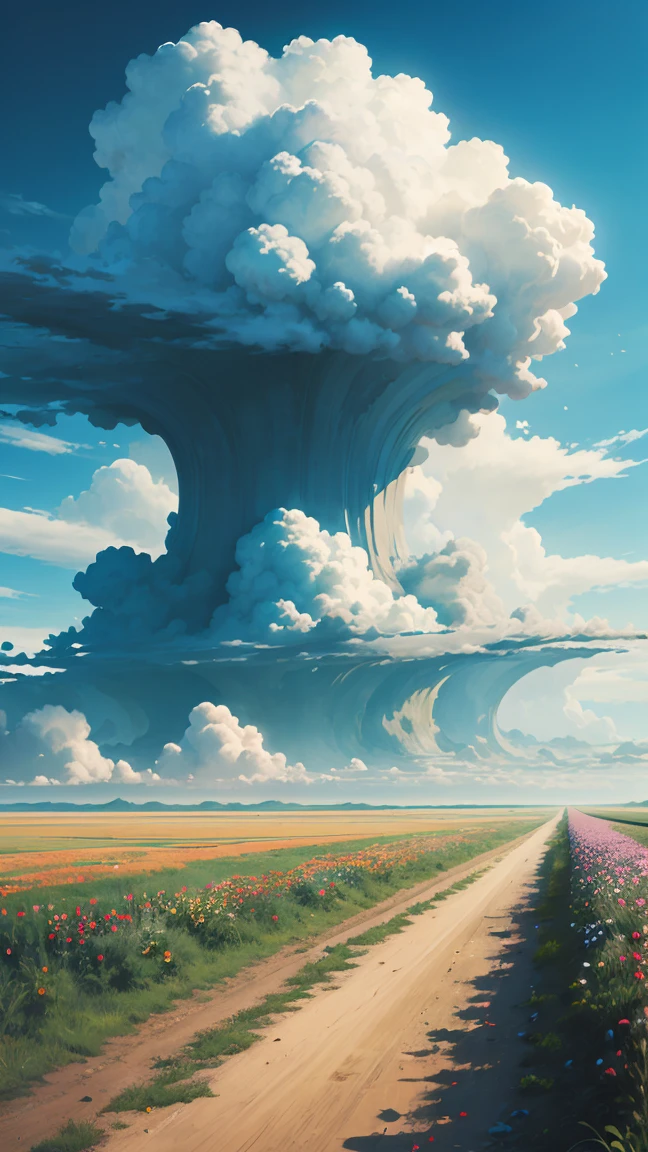 A single road across a beautiful, vast plain, Lush, flower, earth, horizon, cumulonimbus, Blue sky