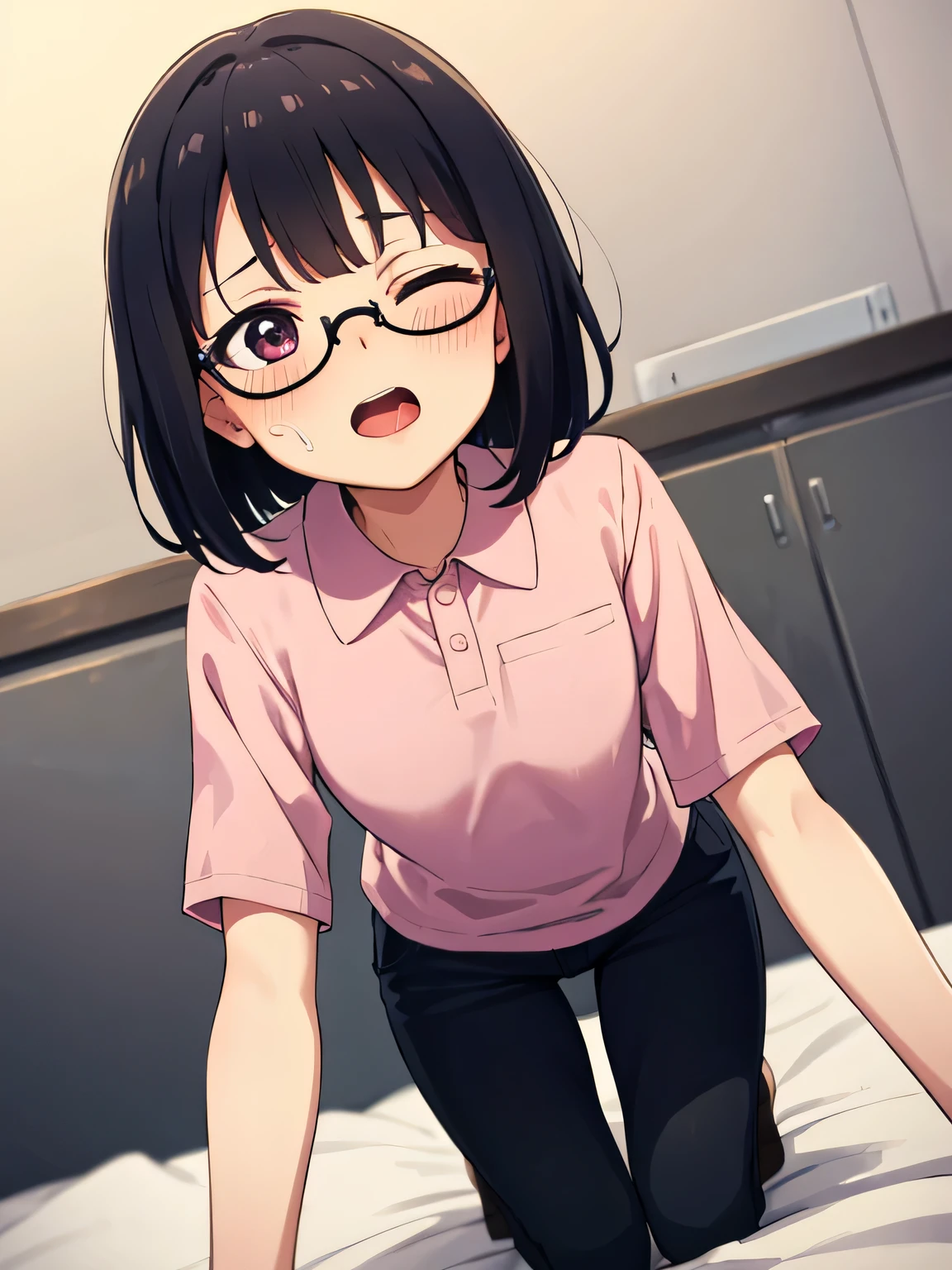 Front Kneeling Sitting On all fours Eyes closed、Open your mouth wide、Sticking out tongue, wearing magenta polo shirt, black pants, adult woman wearing glasses, The exact number of fingers、 Exact number of legs、Exact number of arms、, short hair black hair, (blush:1), cum in mouth, (flat chest),highest quality, High resolution,highly detailed face, Very detailed CG, (perfect hands, perfect anatomy),Hospital Examination room Mouth covered in bodily fluids Waiting Unaware Mouth cumshot Facial cumshot Dynamic angle