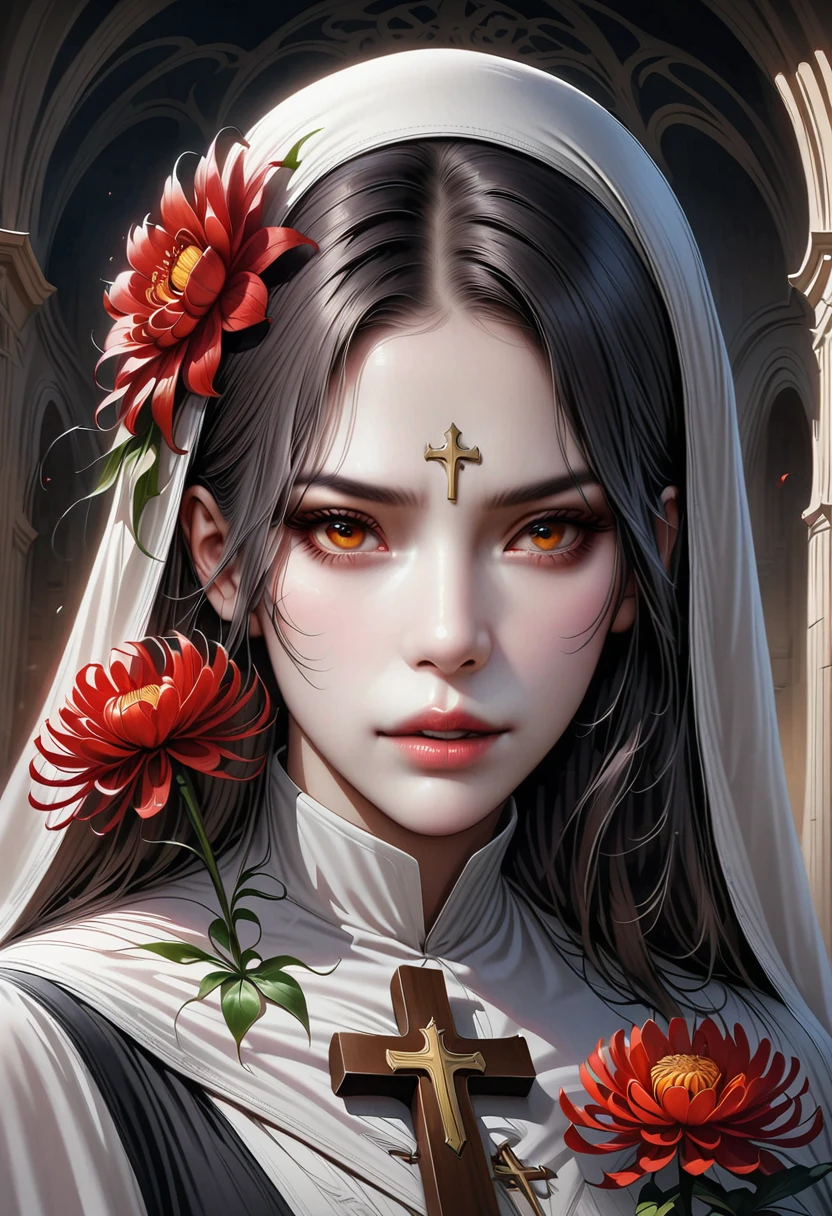 (best quality,4K,8K,high resolution,masterpiece:1.2),ultra-detailed,(realistic,photorealistic,photo-realistic:1.37),Giant cross:1.37,nun,Nun and the Skeleton Godfather in the church,bloody,red lily,red chrysanthemum,flame,light