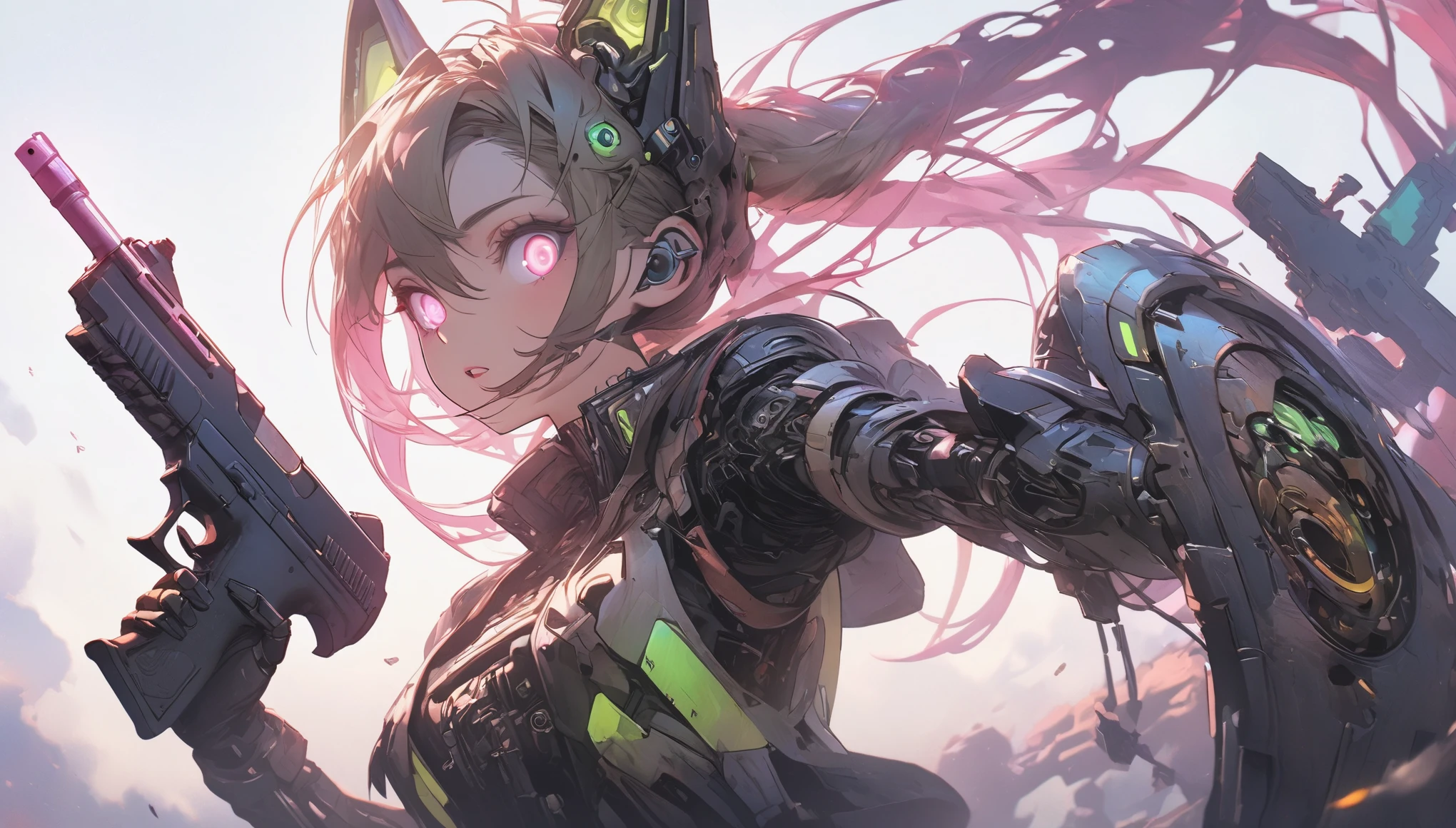 (highest quality、masterpiece、High resolution、detailed)anime style、flat style、(Shining eyes、detailed美しい顔), BREAK,dark_fantasy, cyber punk, (gun, 1.1), 1 person, Wonders of the machine, Robotic presence, Cybernetics Guardian, green, 8K, simple background, BREAK,