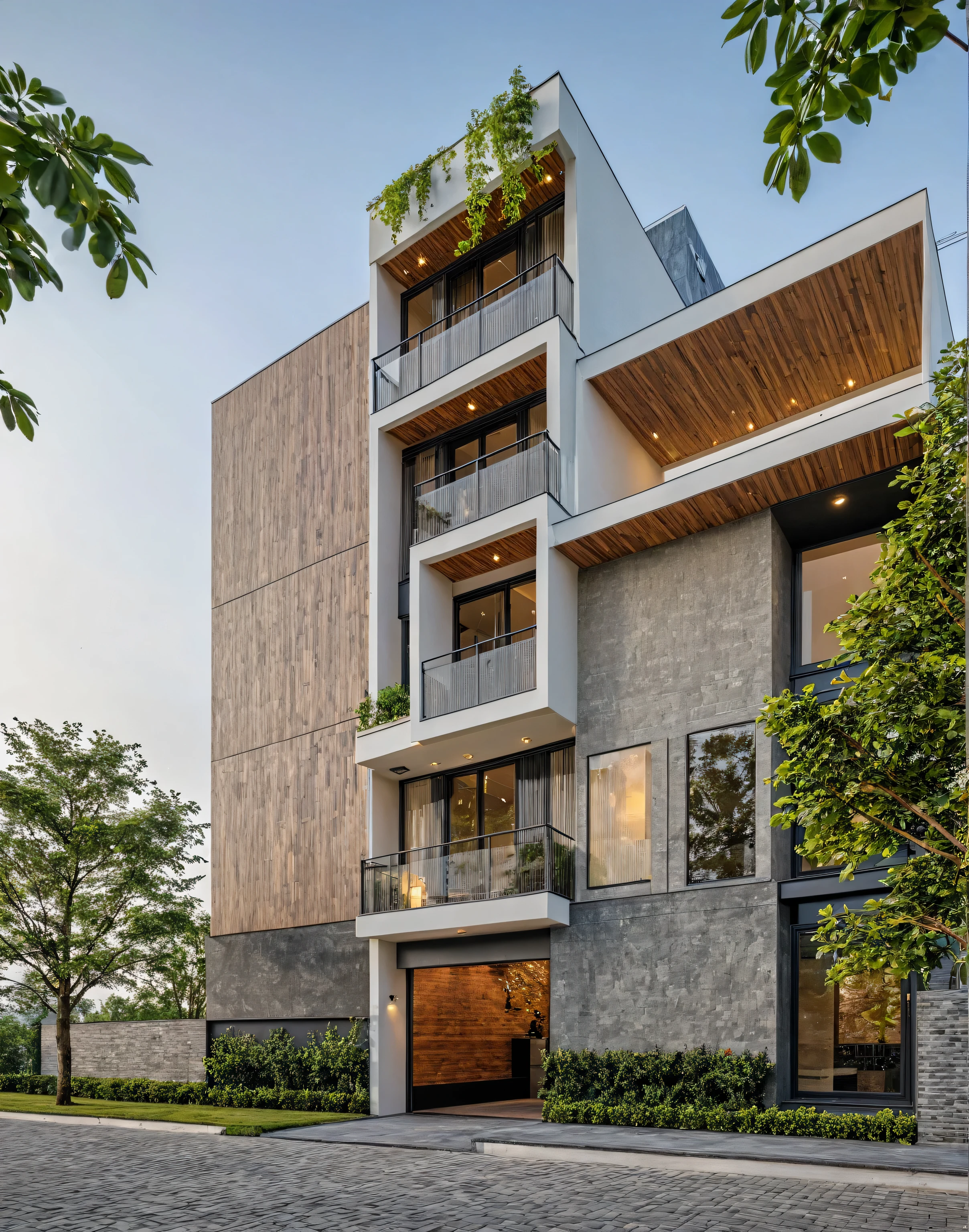 rendering of a modern apartment building with a garage and a car parked in front, mid-view, building facing, modern lush condo as shopfront, elevation view, frontview, detailed rendering, front elevation view, freddy mamani silvestre facade, wide angle exterior 2022, pre-rendered, from street level, rendered, perspective view, full building