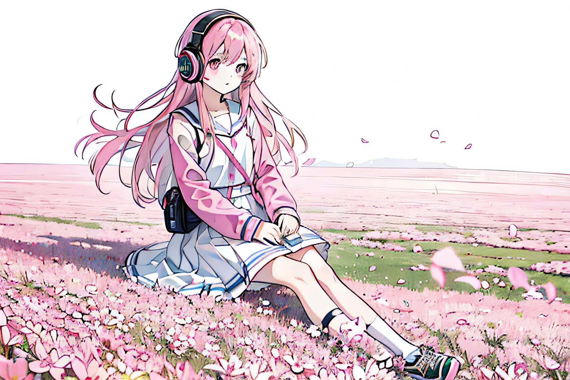 Super high quality by the art god, High resolution, pink hair, alone, girl, high school studening headphones, no background, pink background, full body angle, sit on the meadow